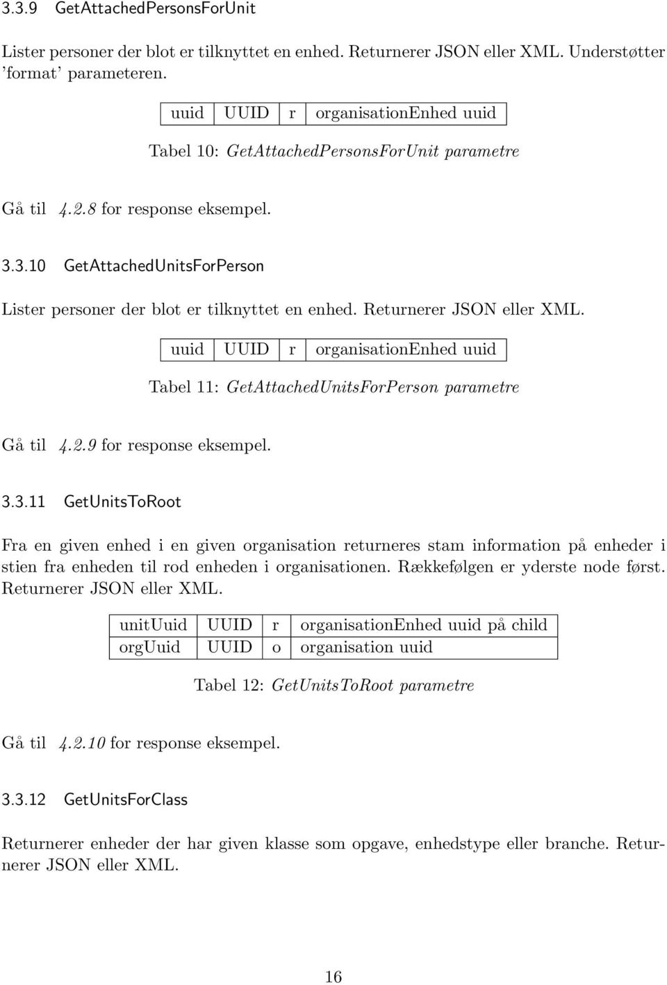Returnerer JSON eller XML. uuid UUID r organisationenhed uuid Tabel 11: GetAttachedUnitsForPerson parametre Gå til 4.2.9 for response eksempel. 3.