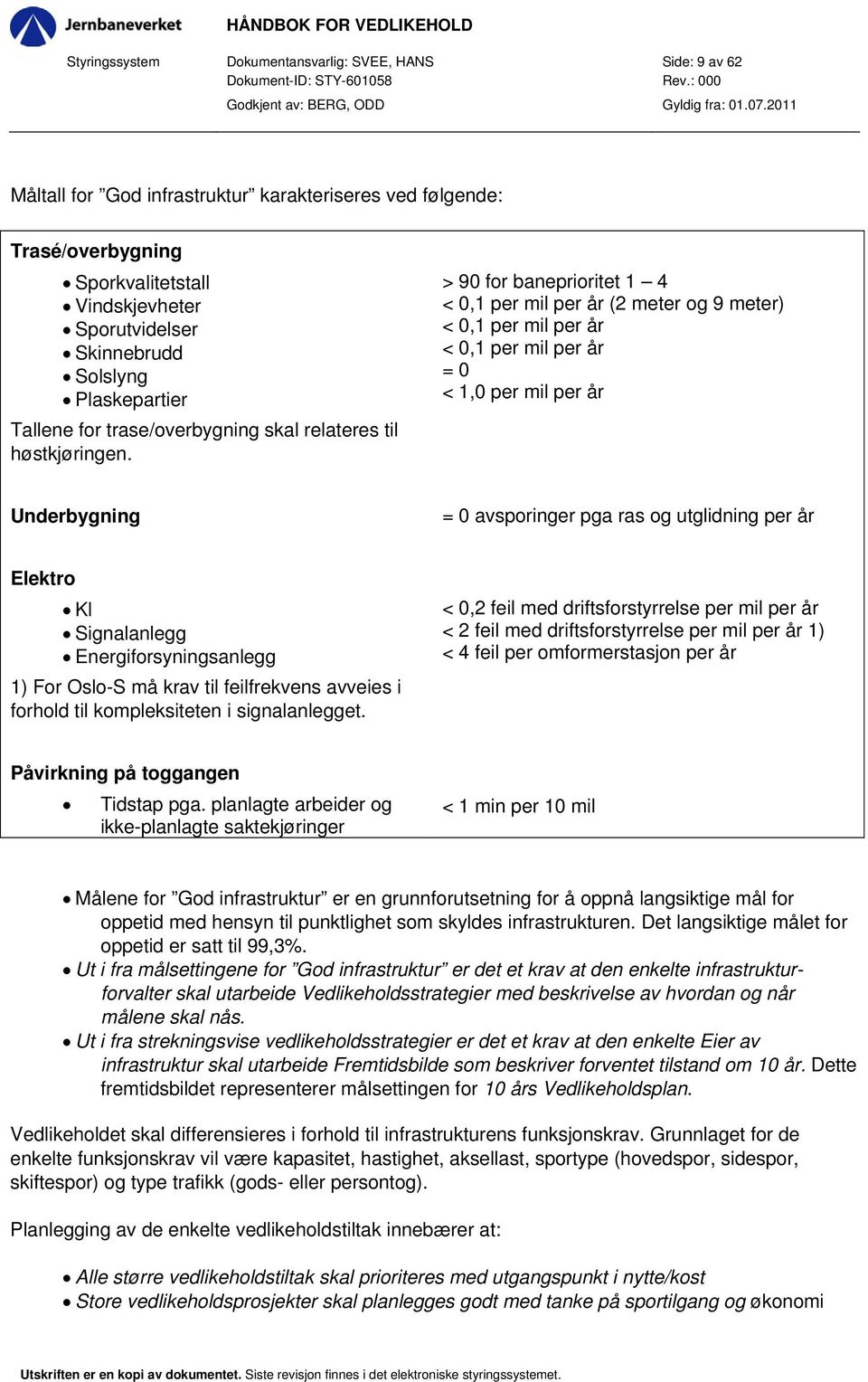 > 90 for baneprioritet 1 4 < 0,1 per mil per år (2 meter og 9 meter) < 0,1 per mil per år < 0,1 per mil per år = 0 < 1,0 per mil per år Underbygning = 0 avsporinger pga ras og utglidning per år