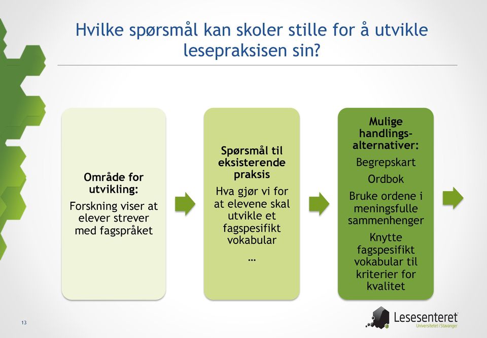 praksis Hva gjør vi for at elevene skal utvikle et fagspesifikt vokabular Mulige