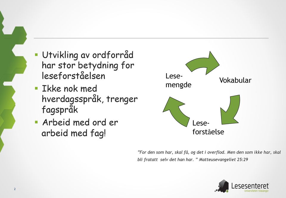 Lesemengde Leseforståelse Vokabular For den som har, skal få, og det i