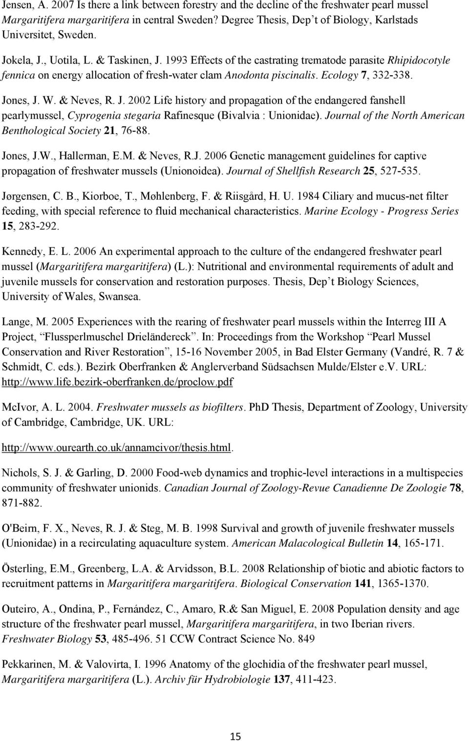 1993 Effects of the castrating trematode parasite Rhipidocotyle fennica on energy allocation of fresh-water clam Anodonta piscinalis. Ecology 7, 332-338. Jo