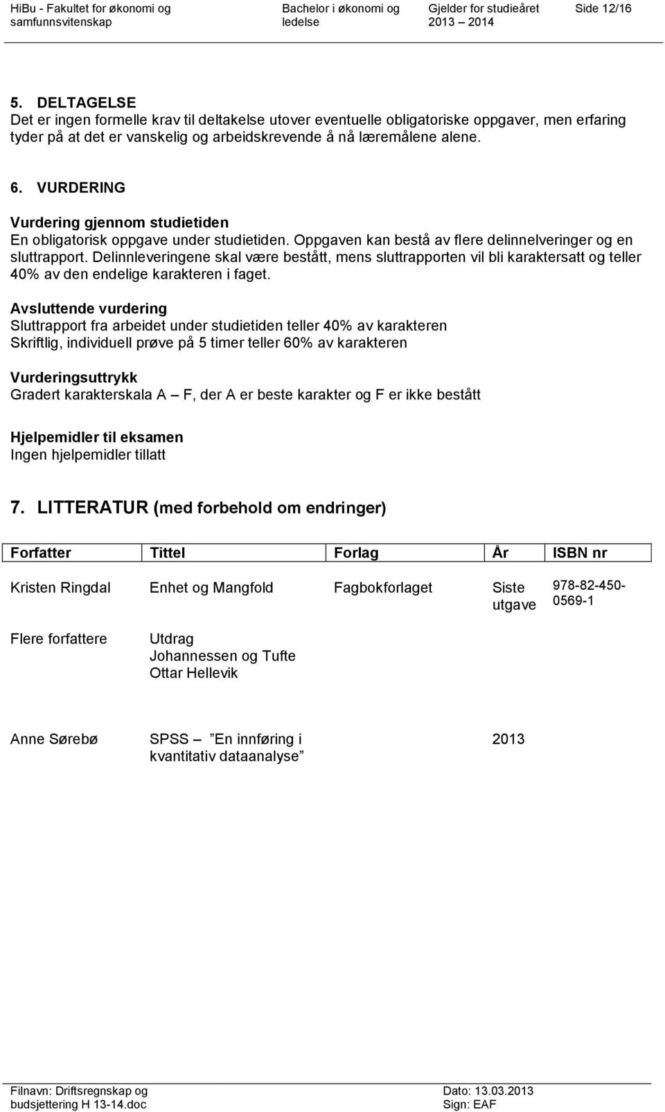 Delinnleveringene skal være bestått, mens sluttrapporten vil bli karaktersatt og teller 40% av den endelige karakteren i faget.