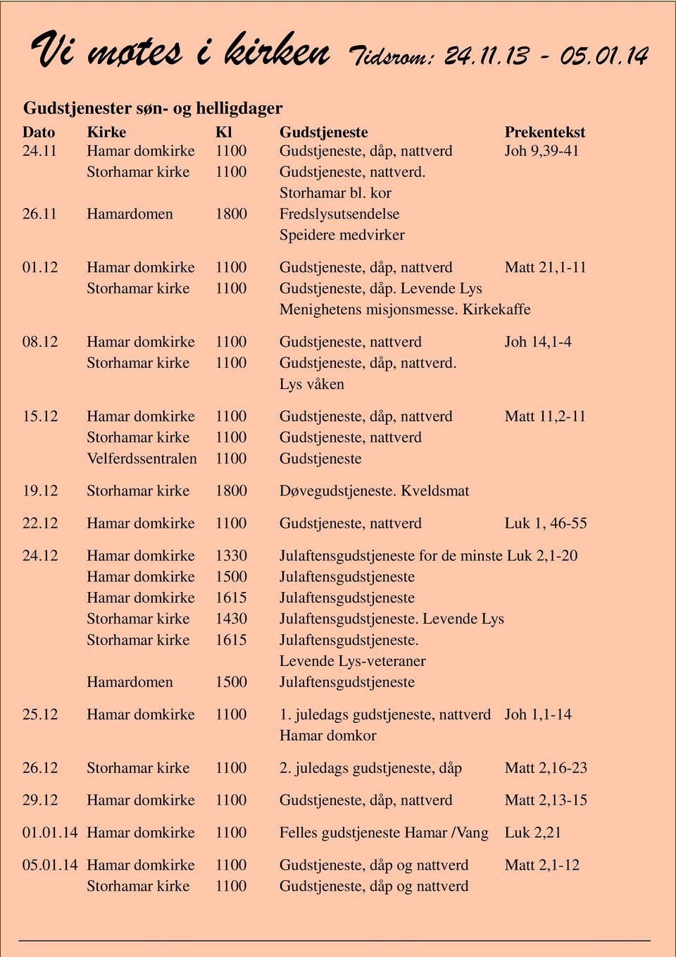 12 Hamar domkirke 1100 Gudstjeneste, dåp, nattverd Matt 21,1-11 Storhamar kirke 1100 Gudstjeneste, dåp. Levende Lys Menighetens misjonsmesse. Kirkekaffe 08.