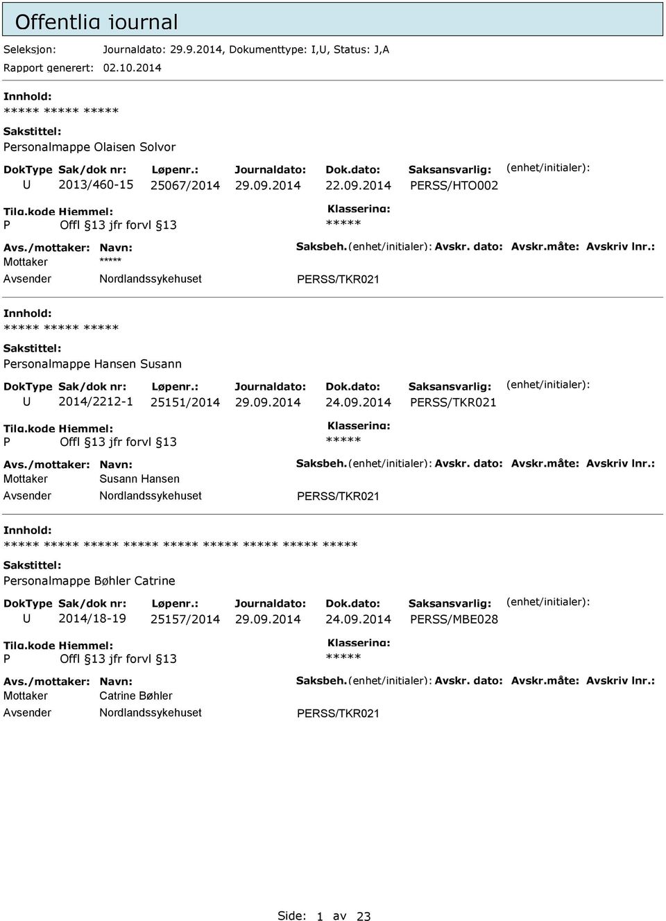 2014 ERSS/HTO002 Mottaker ERSS/TKR021 ersonalmappe Hansen Susann 2014/2212-1 25151/2014 ERSS/TKR021