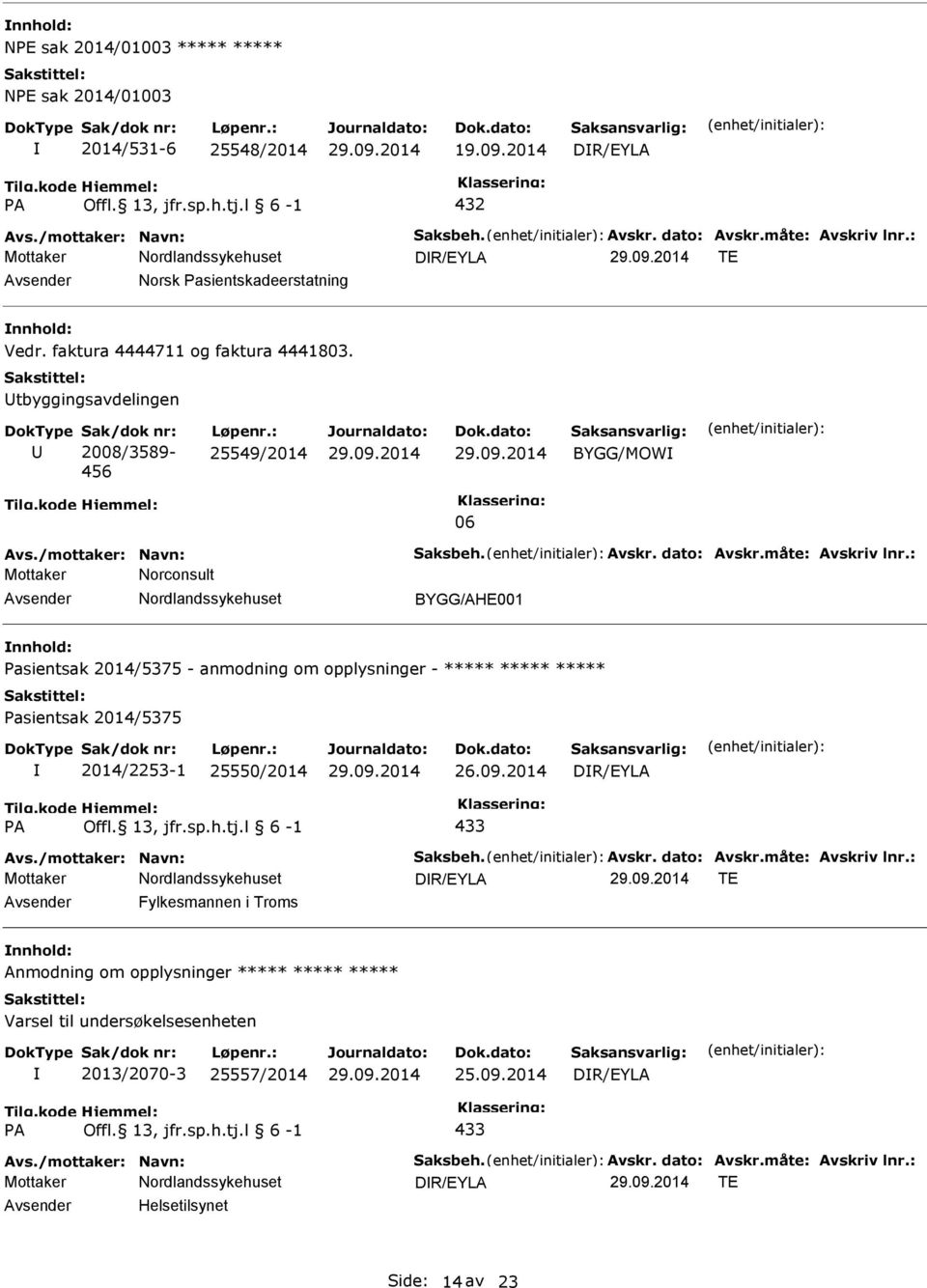 : 25549/2014 BYGG/MOW 06 Mottaker Norconsult BYGG/AHE001 asientsak 2014/5375 - anmodning om opplysninger - asientsak 2014/5375 2014/2253-1 25550/2014 26.09.