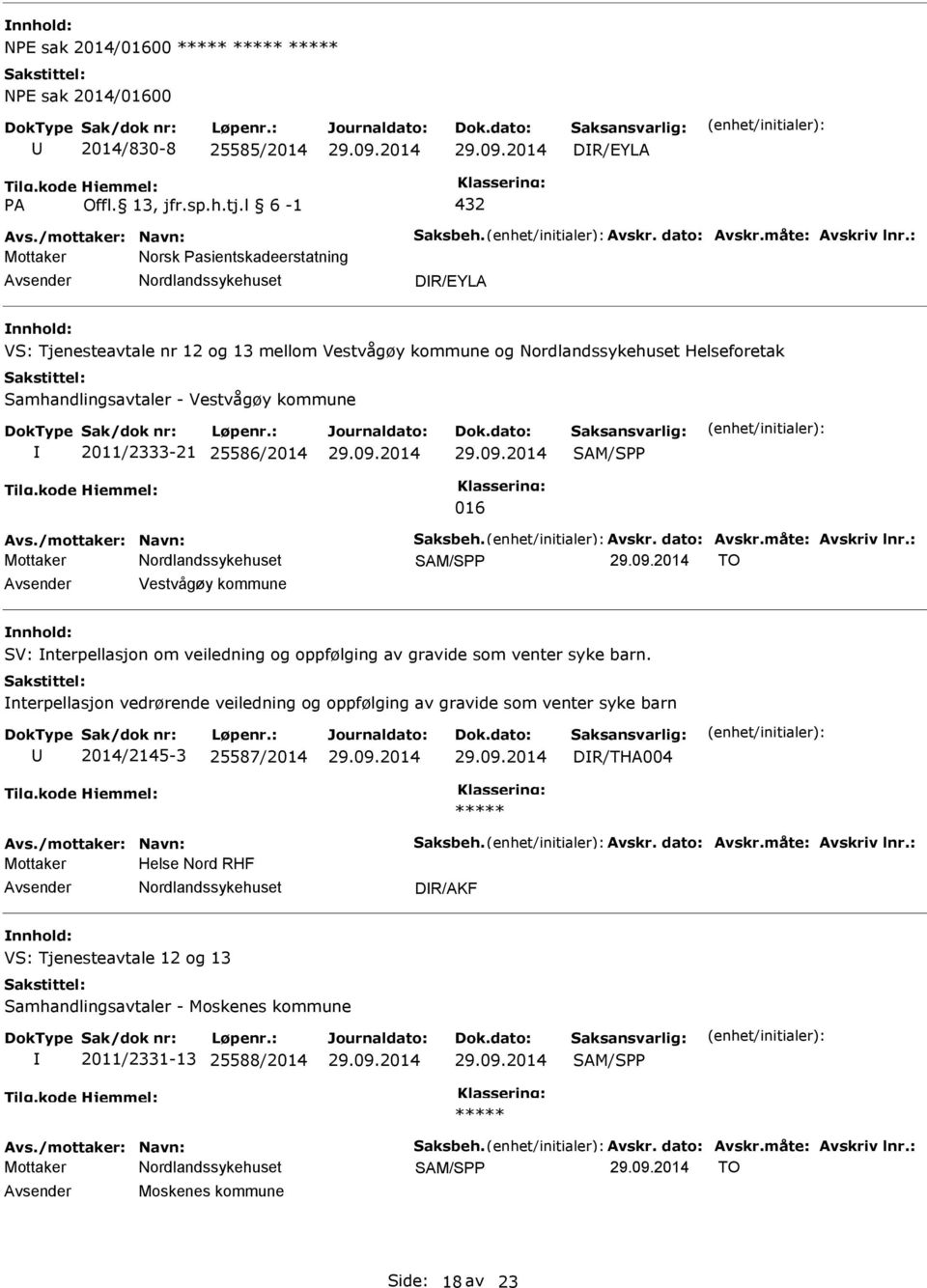 2011/2333-21 25586/2014 SAM/S 016 SAM/S TO Vestvågøy kommune SV: nterpellasjon om veiledning og oppfølging av gravide som venter syke barn.