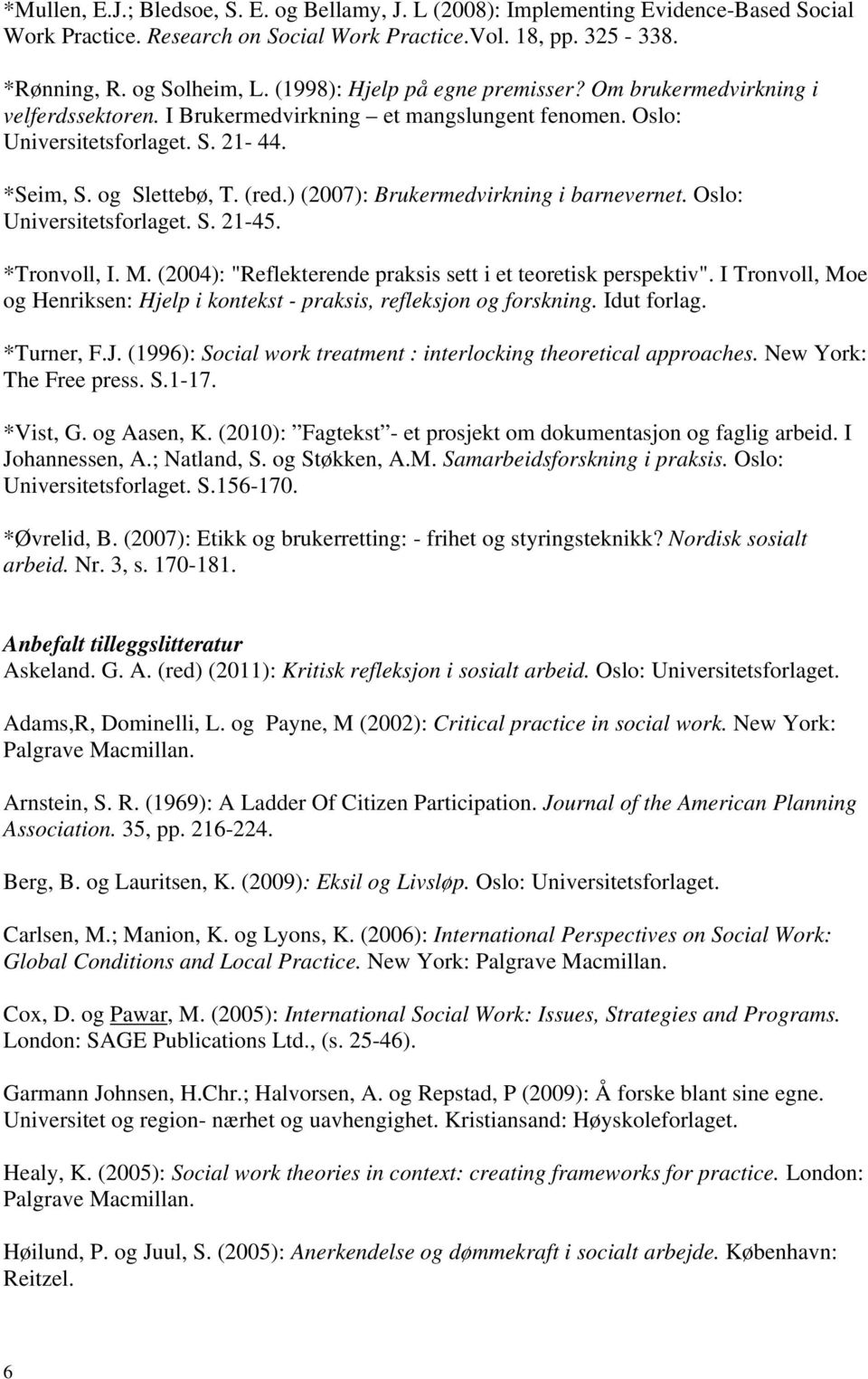 ) (2007): Brukermedvirkning i barnevernet. Oslo: Universitetsforlaget. S. 21-45. *Tronvoll, I. M. (2004): "Reflekterende praksis sett i et teoretisk perspektiv".