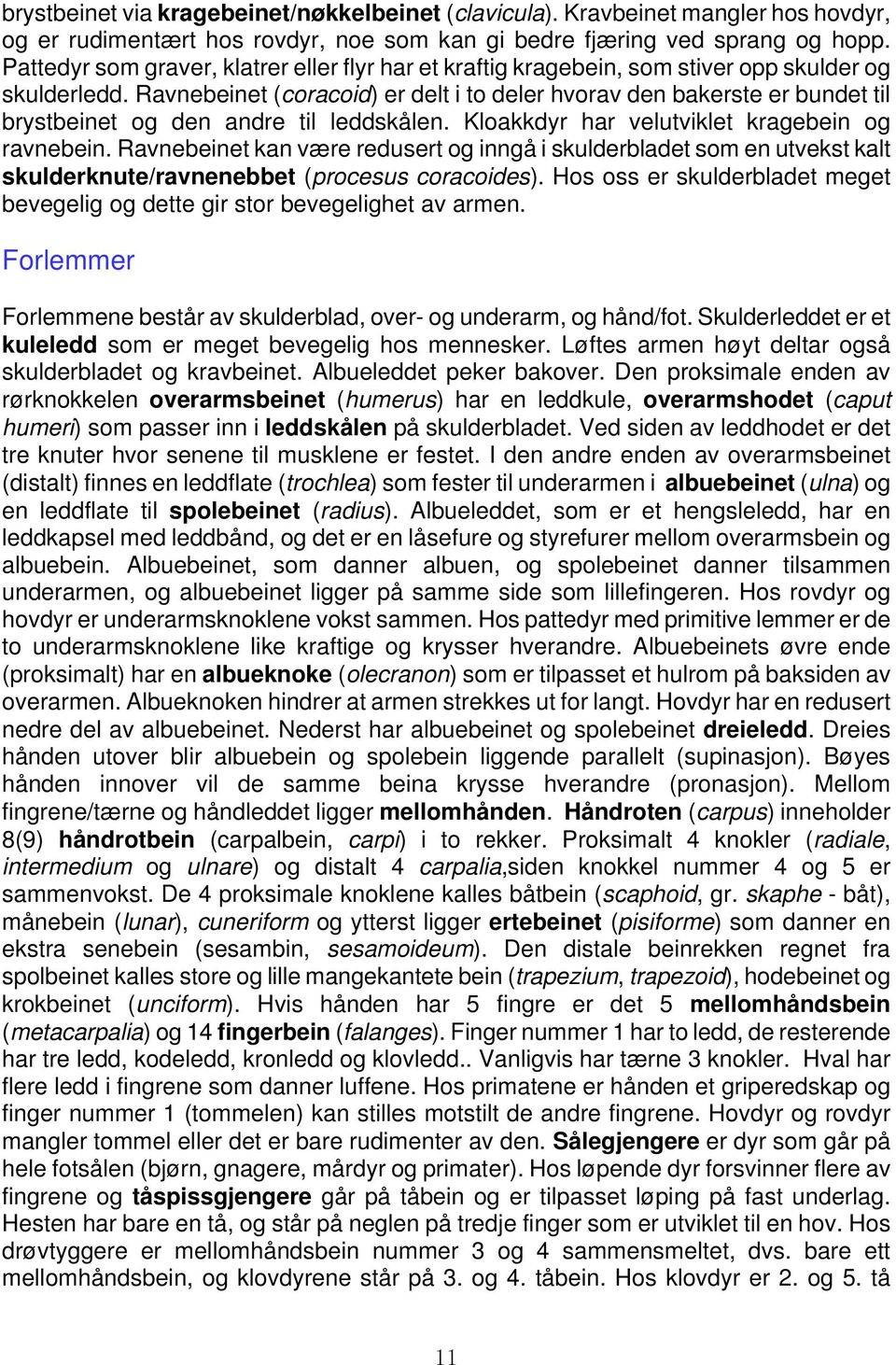 Ravnebeinet (coracoid) er delt i to deler hvorav den bakerste er bundet til brystbeinet og den andre til leddskålen. Kloakkdyr har velutviklet kragebein og ravnebein.