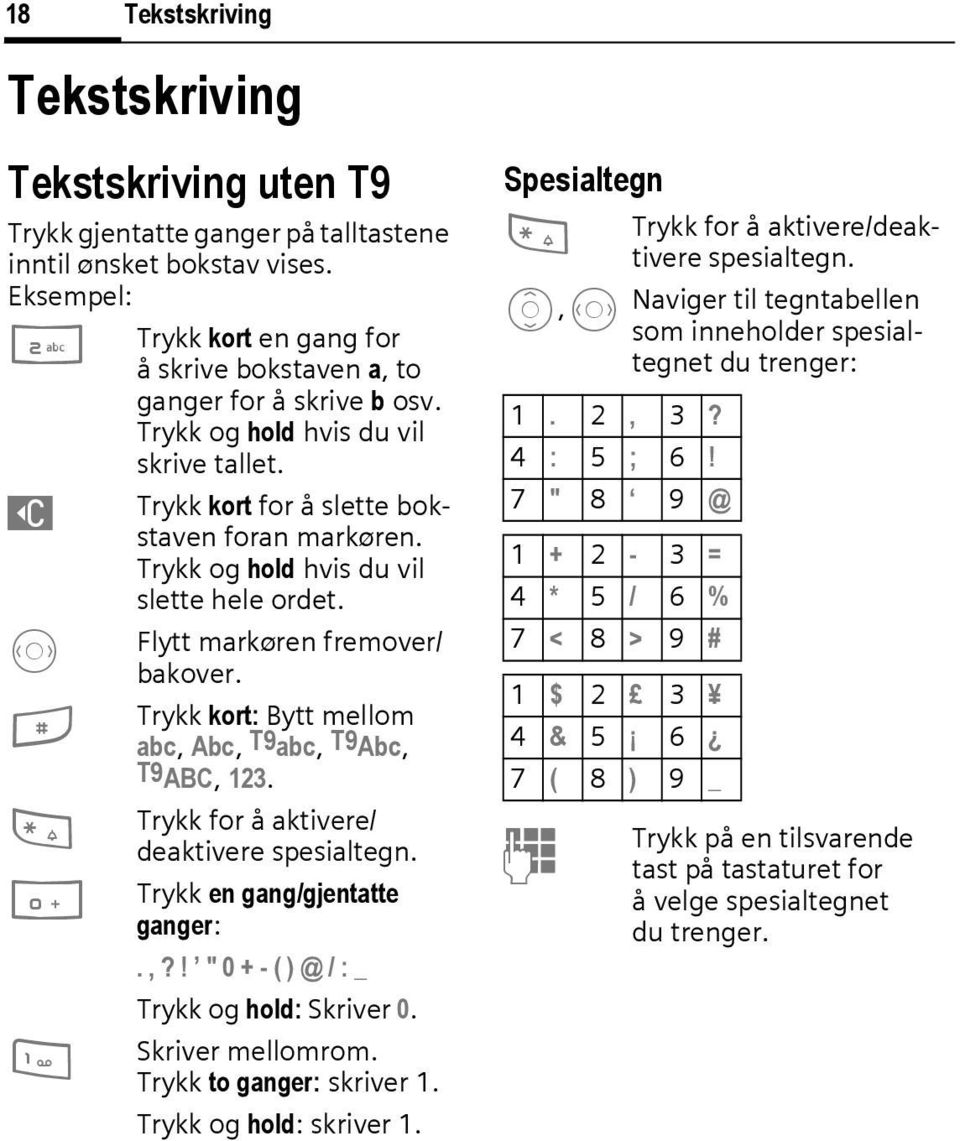 Trykk og hold hvis du vil slette hele ordet. Flytt markøren fremover/ bakover. Trykk kort: Bytt mellom abc, Abc, T9abc, T9Abc, T9ABC, 123. Trykk for å aktivere/ deaktivere spesialtegn.