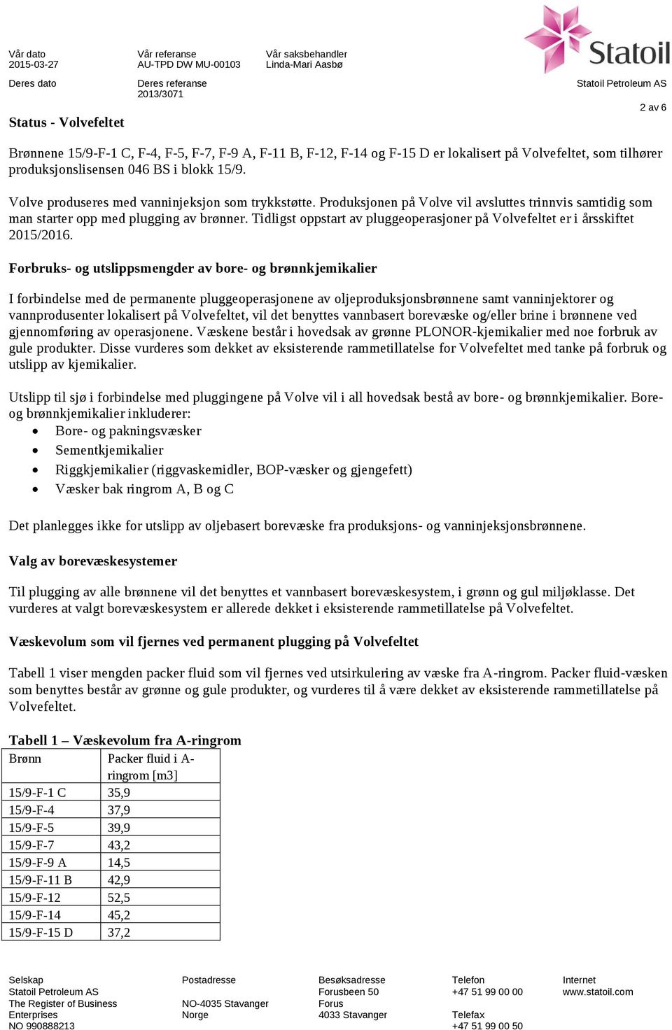 Tidligst oppstart av pluggeoperasjoner på Volvefeltet er i årsskiftet 2015/2016.