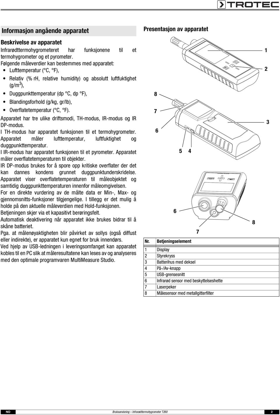 (g/kg, gr/lb), Overflatetemperatur ( C, F). Apparatet har tre ulike driftsmodi, TH-modus, IR-modus og IR DP-modus. I TH-modus har apparatet funksjonen til et termohygrometer.