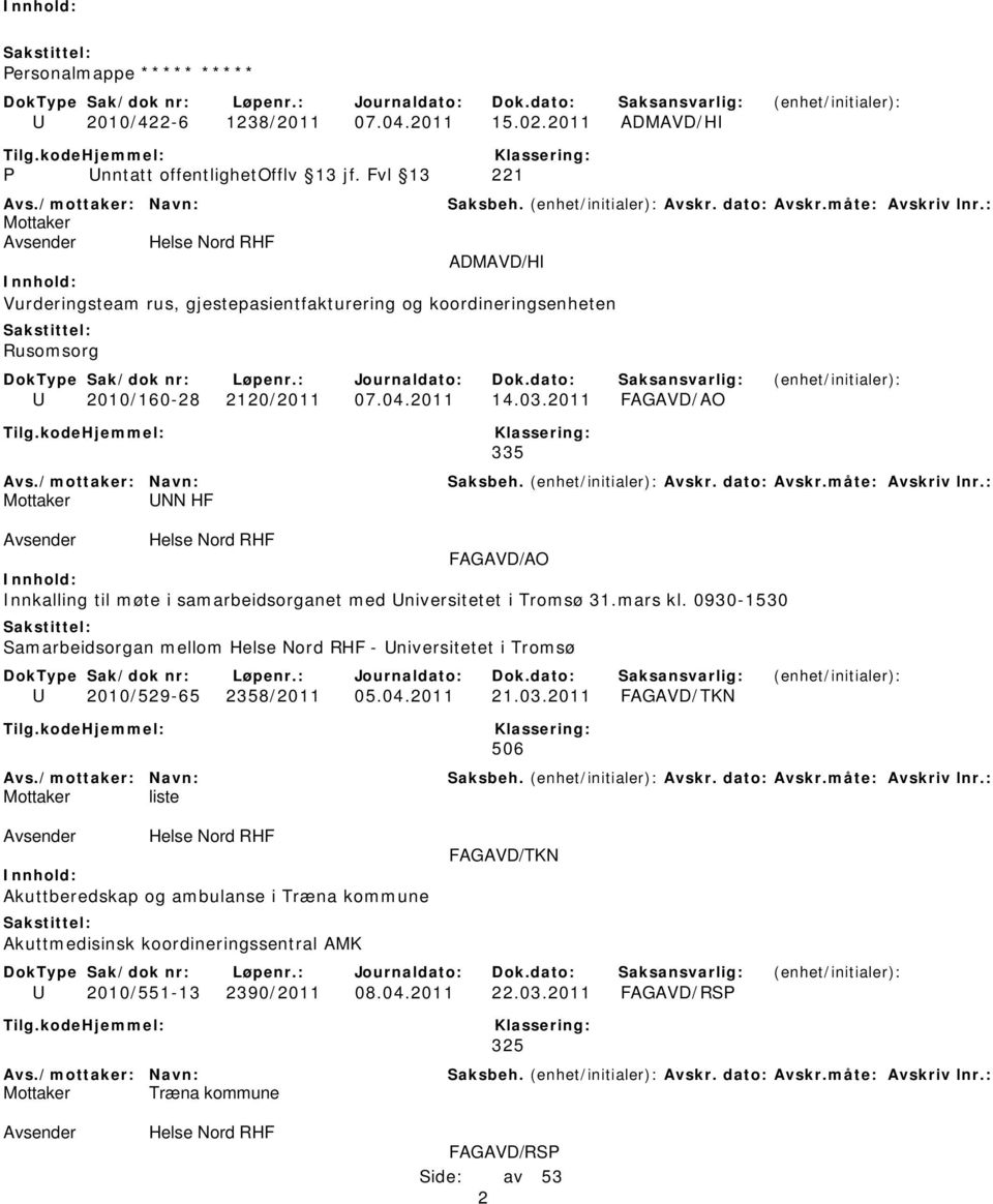 2011 FAGAVD/AO 335 UNN HF FAGAVD/AO Innkalling til møte i samarbeidsorganet med Universitetet i Tromsø 31.mars kl.