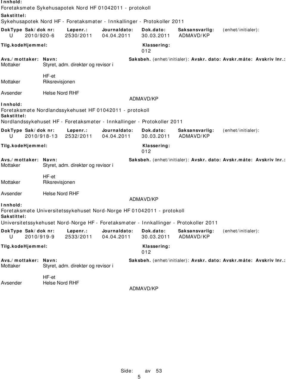 direktør og revisor i HF-et Riksrevisjonen ADMAVD/KP Foretaksmøte Nordlandssykehuset HF 01042011 - protokoll Nordlandssykehuset HF - Foretaksmøter - Innkallinger - Protokoller 2011 U