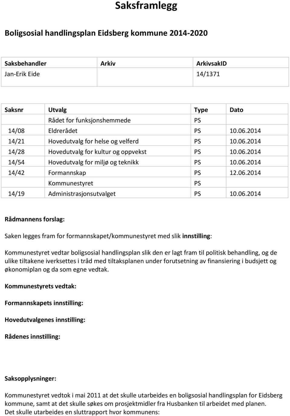 06.2014 Rådmannens forslag: Saken legges fram for formannskapet/kommunestyret med slik innstilling: Kommunestyret vedtar boligsosial handlingsplan slik den er lagt fram til politisk behandling, og de