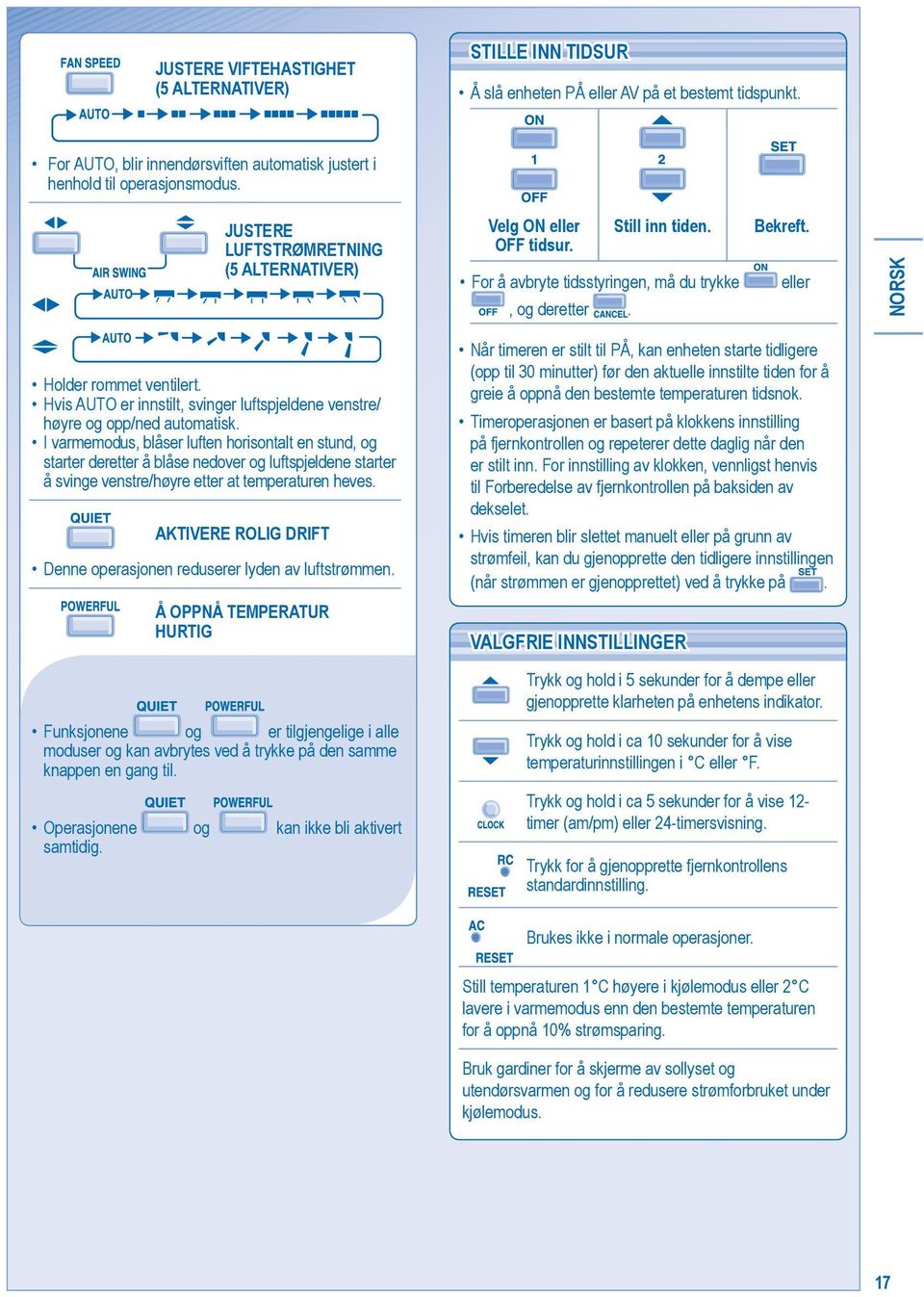 Hvis AUTO er innstilt, svinger luftspjeldene venstre/ høyre og opp/ned automatisk.