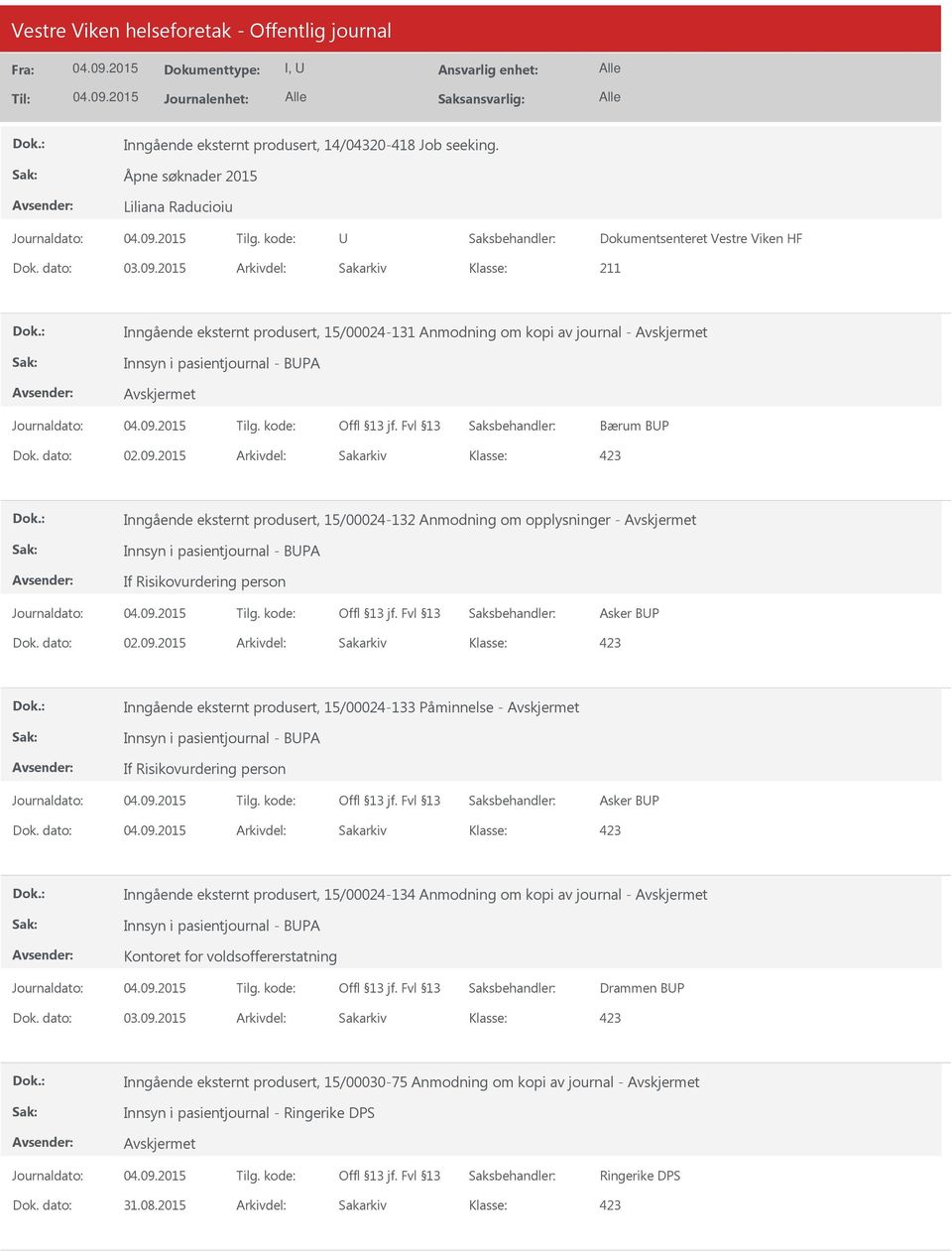 opplysninger - Innsyn i pasientjournal - BPA If Risikovurdering person Asker BP 423 Inngående eksternt produsert, 15/00024-133 Påminnelse - Innsyn i pasientjournal - BPA If Risikovurdering person