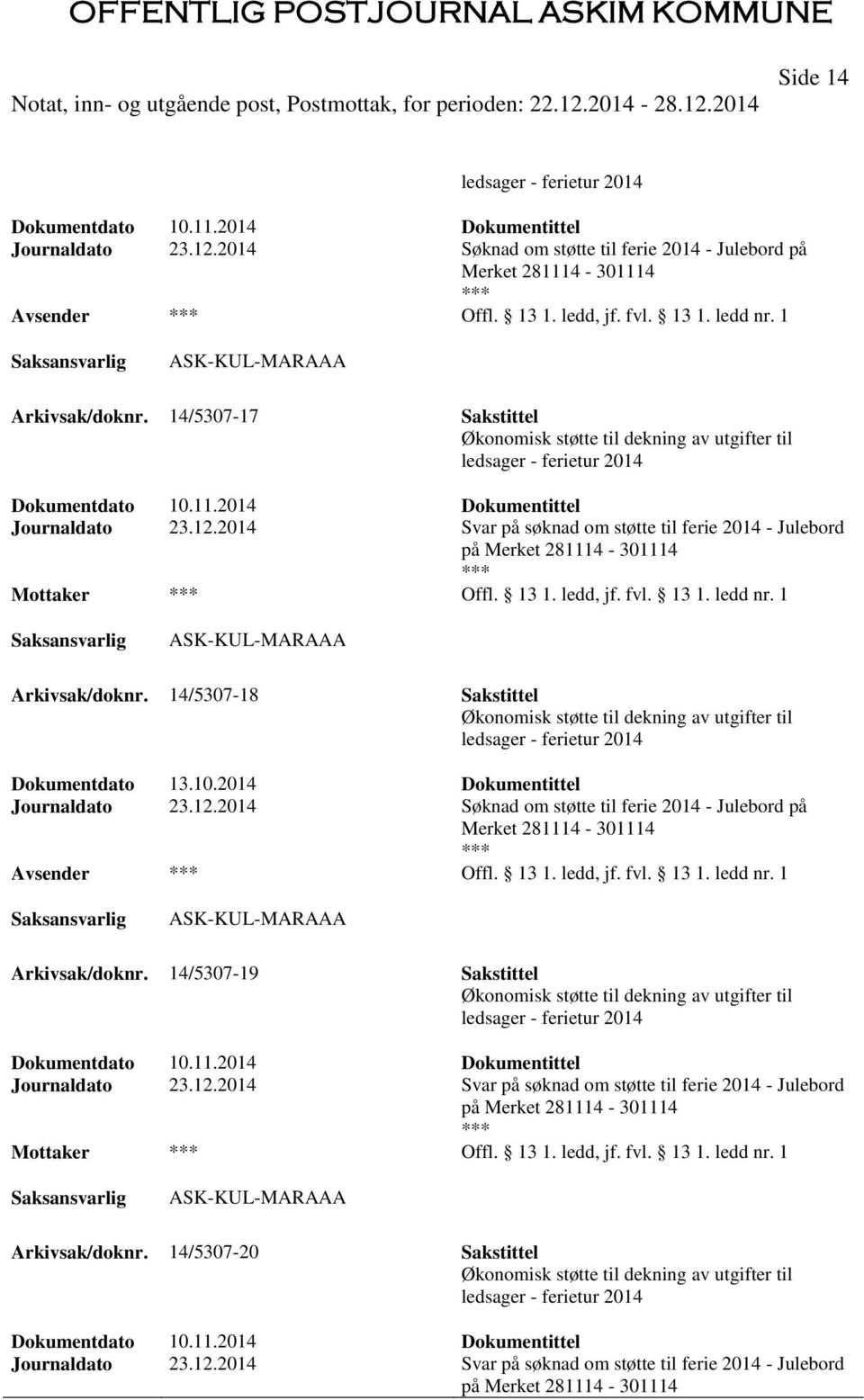 2014 Søknad om støtte til ferie 2014 - Julebord på Merket 281114-301114 Offl. 13 1. ledd, jf. fvl. 13 1. ledd nr. 1 Arkivsak/doknr. 14/5307-19 Sakstittel Journaldato 23.12.