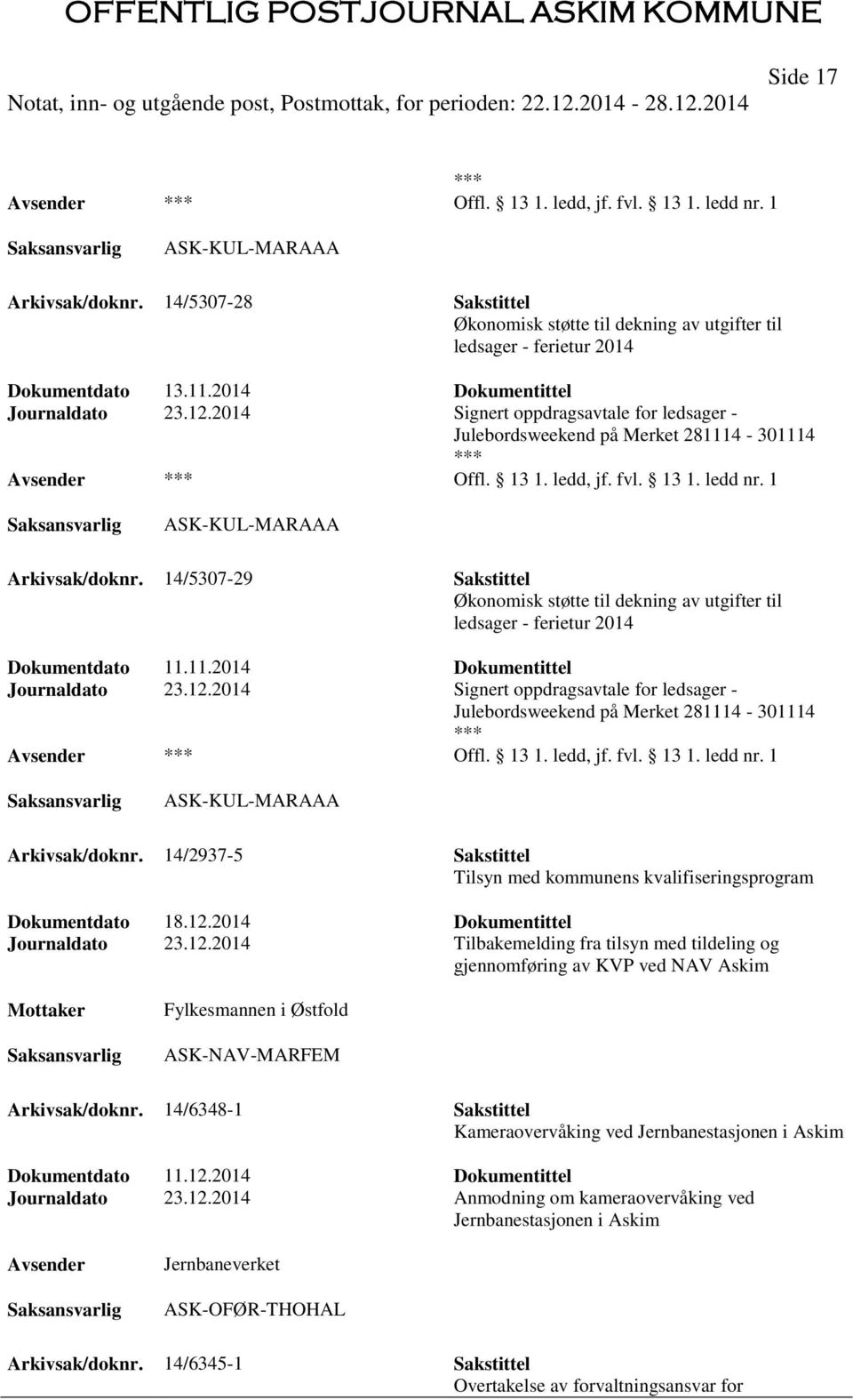 12.2014 Signert oppdragsavtale for ledsager - Julebordsweekend på Merket 281114-301114 Offl. 13 1. ledd, jf. fvl. 13 1. ledd nr. 1 Arkivsak/doknr.