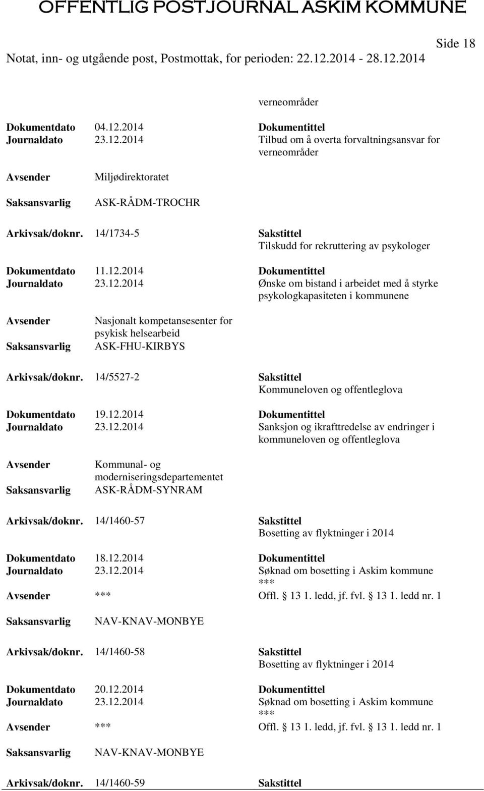 2014 Dokumentittel Journaldato 23.12.2014 Ønske om bistand i arbeidet med å styrke psykologkapasiteten i kommunene Nasjonalt kompetansesenter for psykisk helsearbeid ASK-FHU-KIRBYS Arkivsak/doknr.