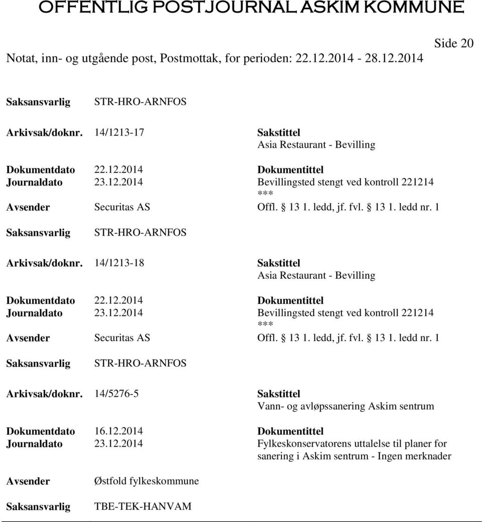 13 1. ledd, jf. fvl. 13 1. ledd nr. 1 Arkivsak/doknr. 14/5276-5 Sakstittel Vann- og avløpssanering Askim sentrum Dokumentdato 16.12.