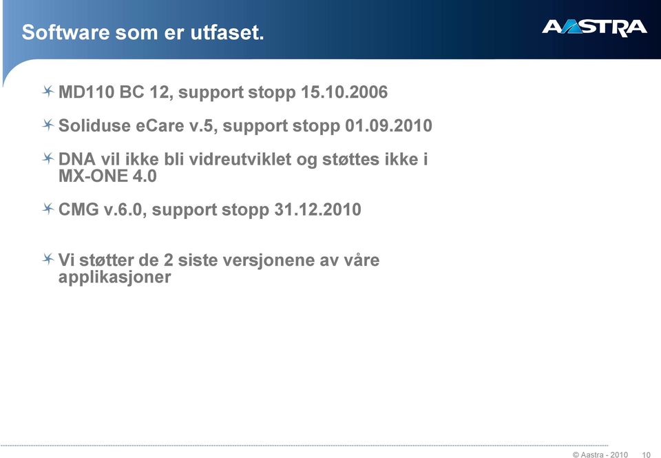 2010 DNA vil ikke bli vidreutviklet og støttes ikke i MX-ONE 4.