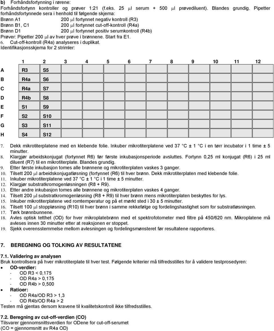 serumkontroll (R4b) Prøver: Pipetter 200 l av hver prøve i brønnene. Start fra E1. 6. Cut-off-kontroll (R4a) analyseres i duplikat.