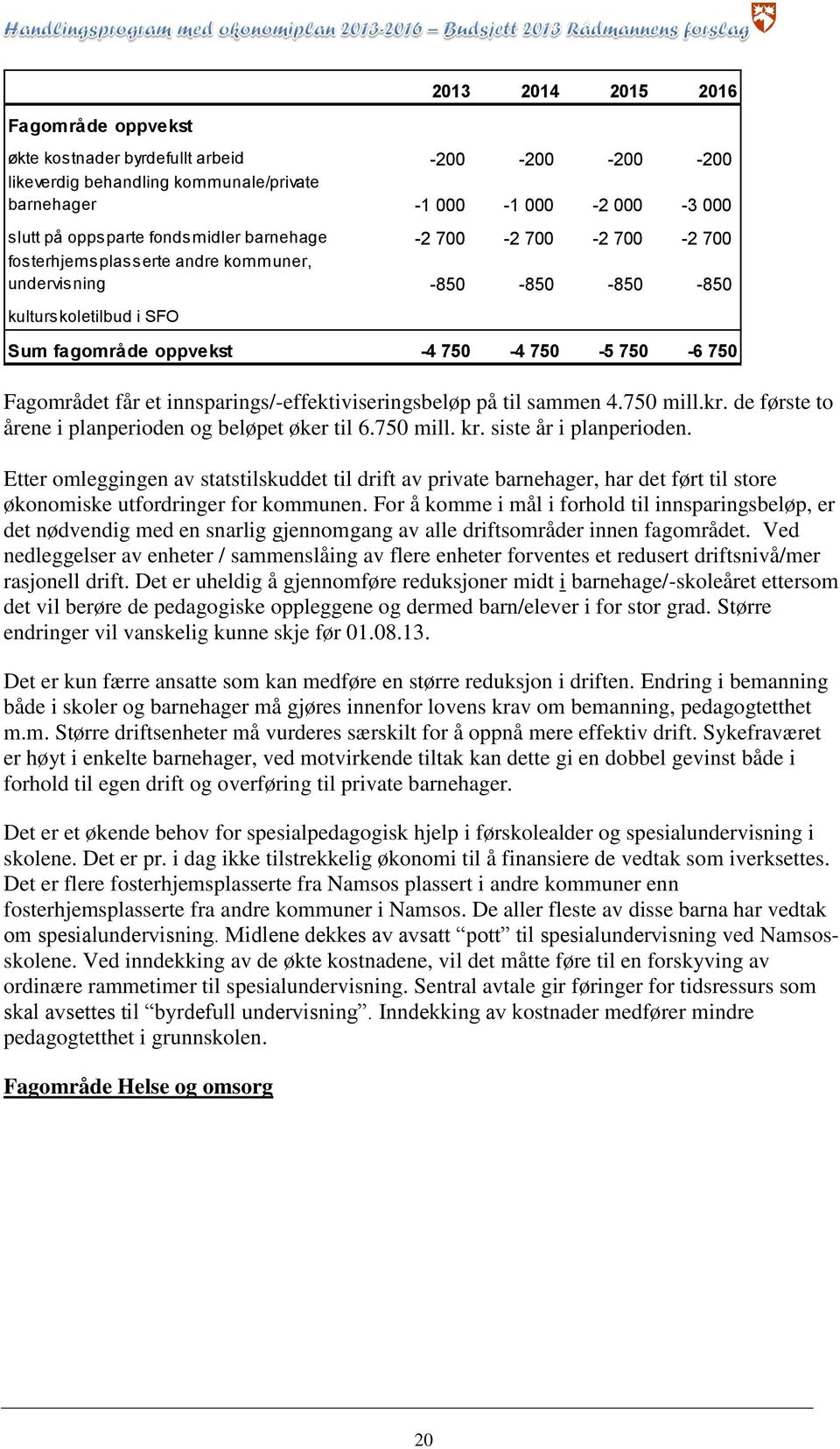 innsparings/-effektiviseringsbeløp på til sammen 4.750 mill.kr. de første to årene i planperioden og beløpet øker til 6.750 mill. kr. siste år i planperioden.