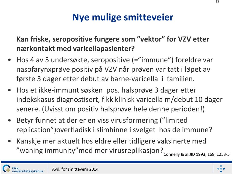 Hos et ikke-immunt søsken pos. halsprøve 3 dager etter indekskasus diagnostisert, fikk klinisk varicellam/debut 10 dager senere. (Uvisst om positiv halsprøve hele denne perioden!