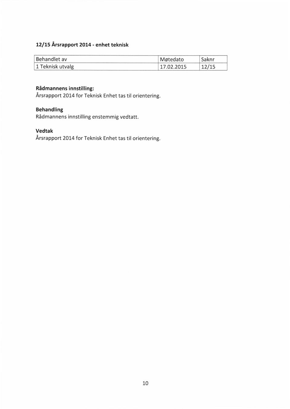 2015 12/15 Rådmannens innstilling: Årsrapport 2014 for Teknisk Enhet tas