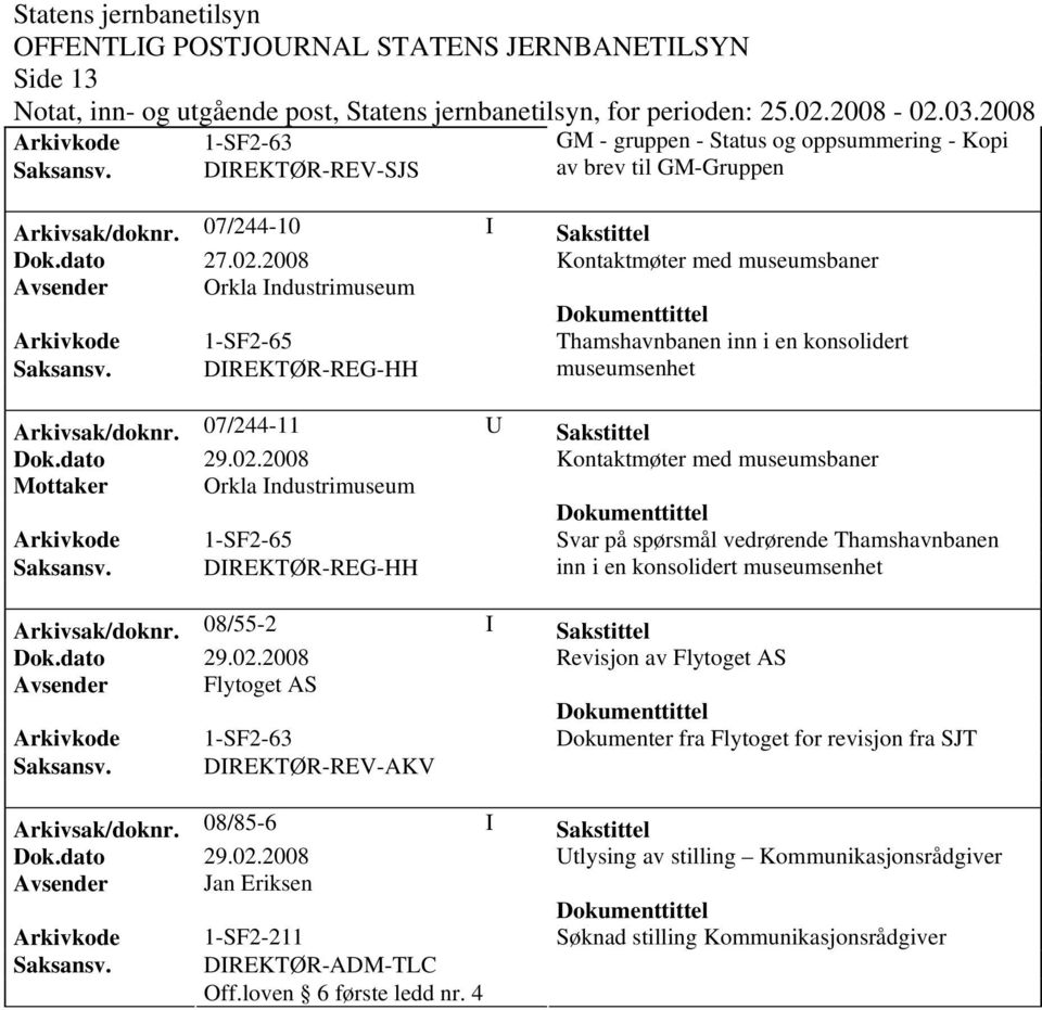 07/244-11 U Sakstittel Dok.dato 29.02.2008 Kontaktmøter med museumsbaner Mottaker Orkla Industrimuseum Arkivkode 1-SF2-65 Svar på spørsmål vedrørende Thamshavnbanen Saksansv.