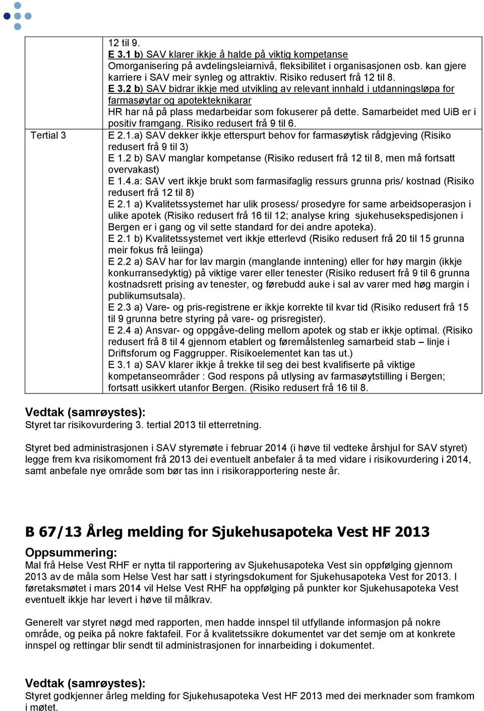 Samarbeidet med UiB er i positiv framgang. Risiko redusert frå 9 til 6. E 2.1.a) SAV dekker ikkje etterspurt behov for farmasøytisk rådgjeving (Risiko redusert frå 9 til 3) E 1.