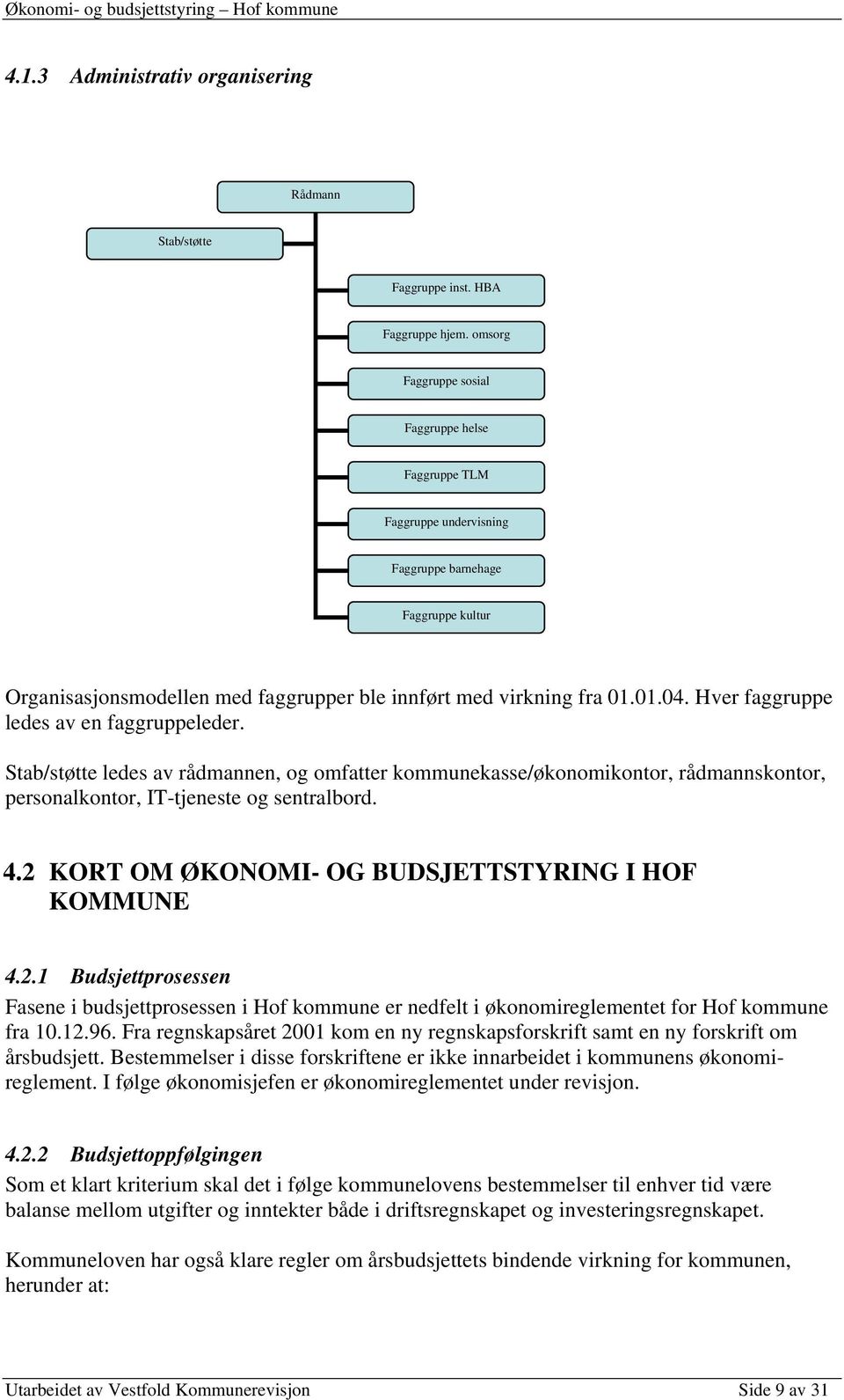 Hver faggruppe ledes av en faggruppeleder. Stab/støtte ledes av rådmannen, og omfatter kommunekasse/økonomikontor, rådmannskontor, personalkontor, IT-tjeneste og sentralbord. 4.