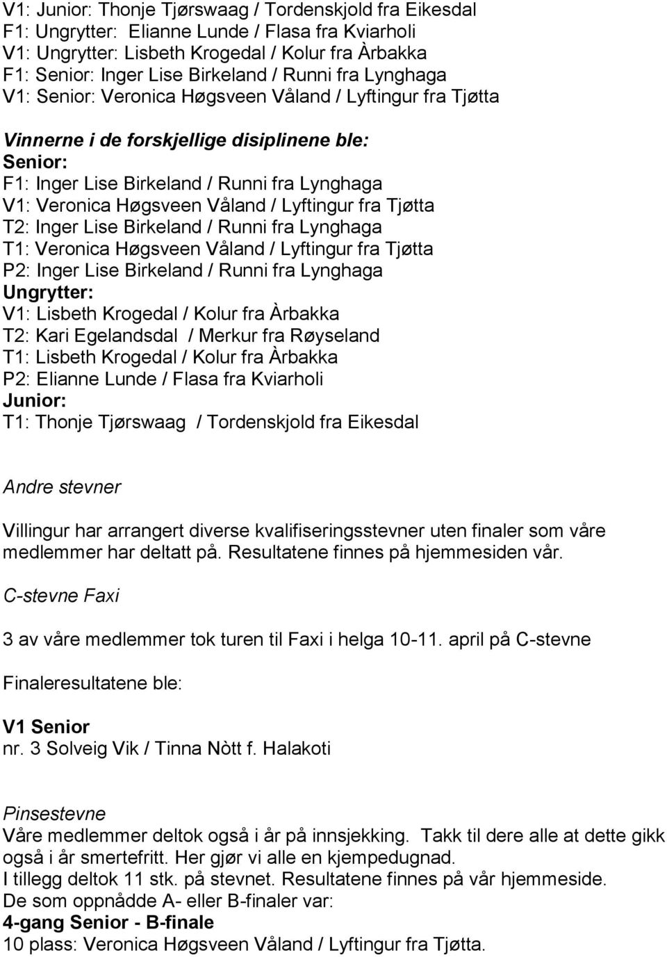 Våland / Lyftingur fra Tjøtta T2: Inger Lise Birkeland / Runni fra Lynghaga T1: Veronica Høgsveen Våland / Lyftingur fra Tjøtta P2: Inger Lise Birkeland / Runni fra Lynghaga Ungrytter: V1: Lisbeth