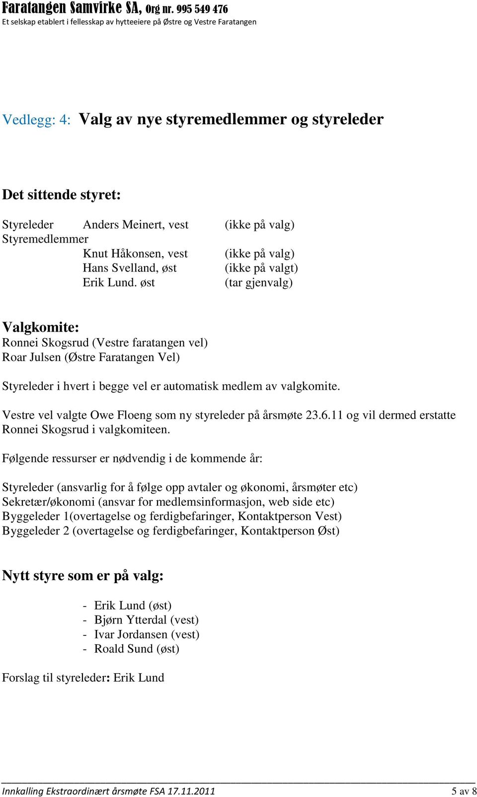 Vestre vel valgte Owe Floeng som ny styreleder på årsmøte 23.6.11 og vil dermed erstatte Ronnei Skogsrud i valgkomiteen.