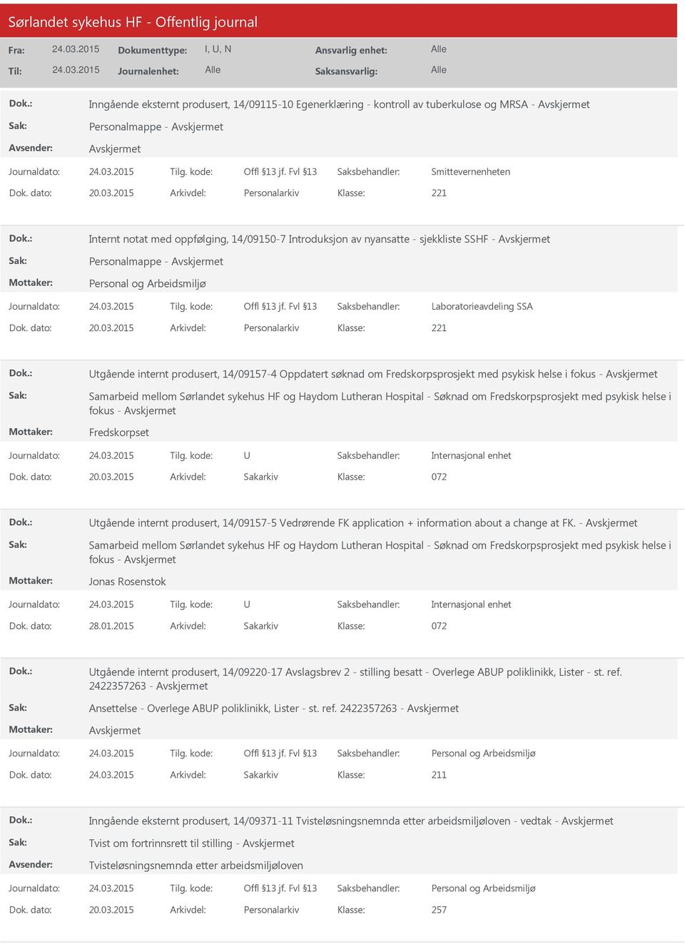 2015 Arkivdel: Personalarkiv tgående internt produsert, 14/09157-4 Oppdatert søknad om Fredskorpsprosjekt med psykisk helse i fokus - Samarbeid mellom Sørlandet sykehus HF og Haydom Lutheran Hospital