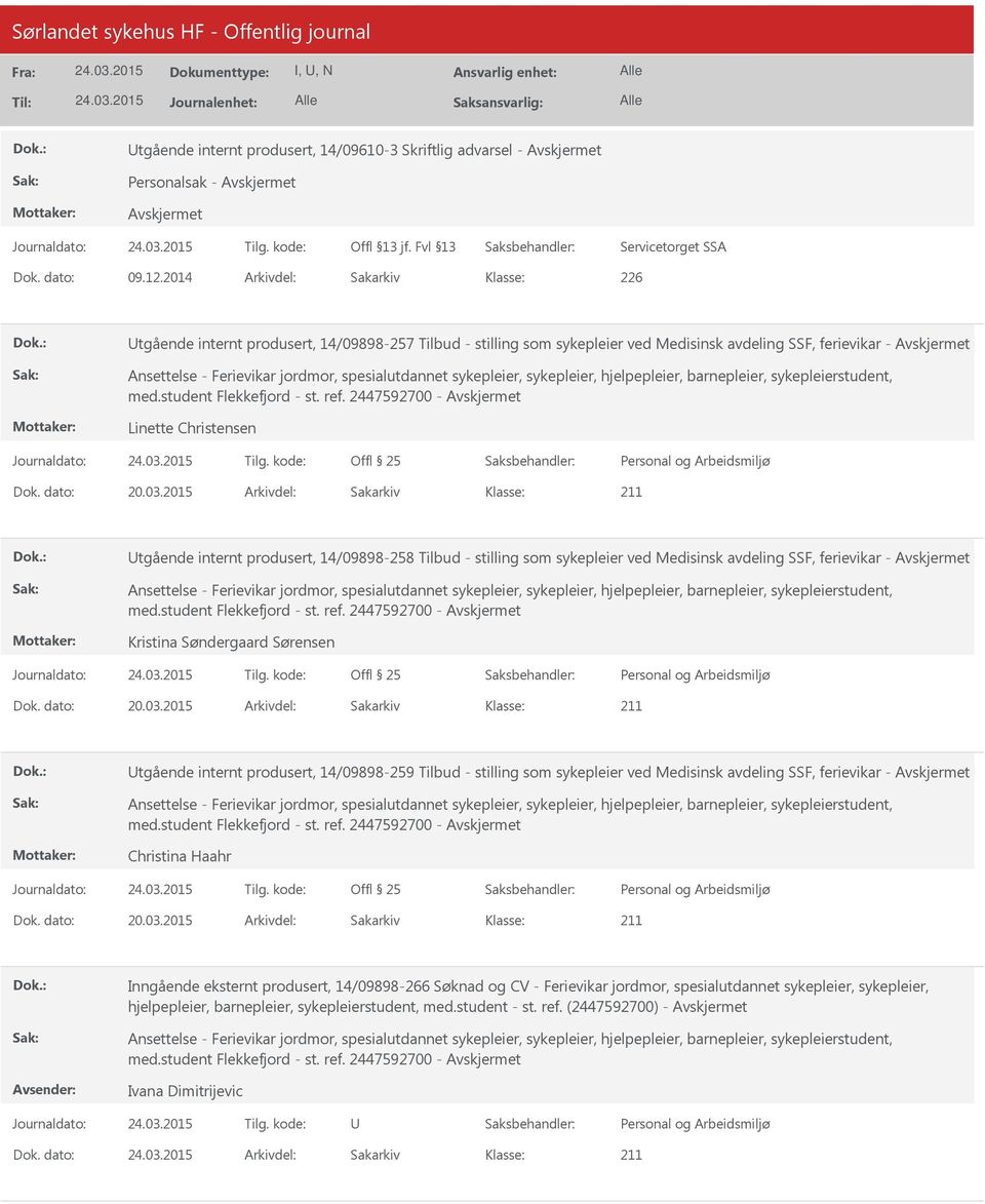 sykepleier, sykepleier, hjelpepleier, barnepleier, sykepleierstudent, med.student Flekkefjord - st. ref. 2447592700 - Linette Christensen Dok. dato: 20.03.