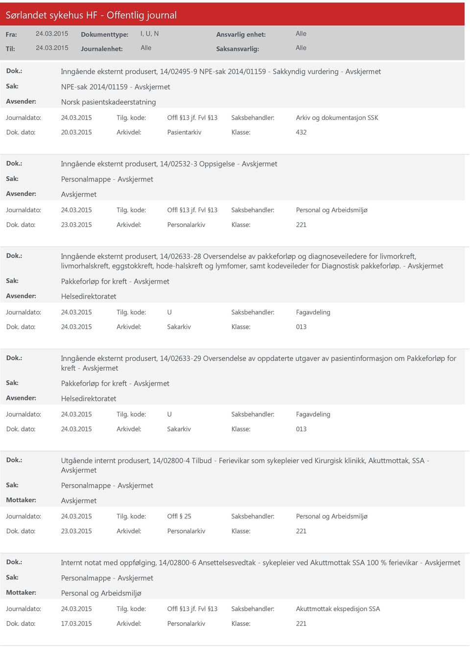 2015 Arkivdel: Personalarkiv Inngående eksternt produsert, 14/02633-28 Oversendelse av pakkeforløp og diagnoseveiledere for livmorkreft, livmorhalskreft, eggstokkreft, hode-halskreft og lymfomer,