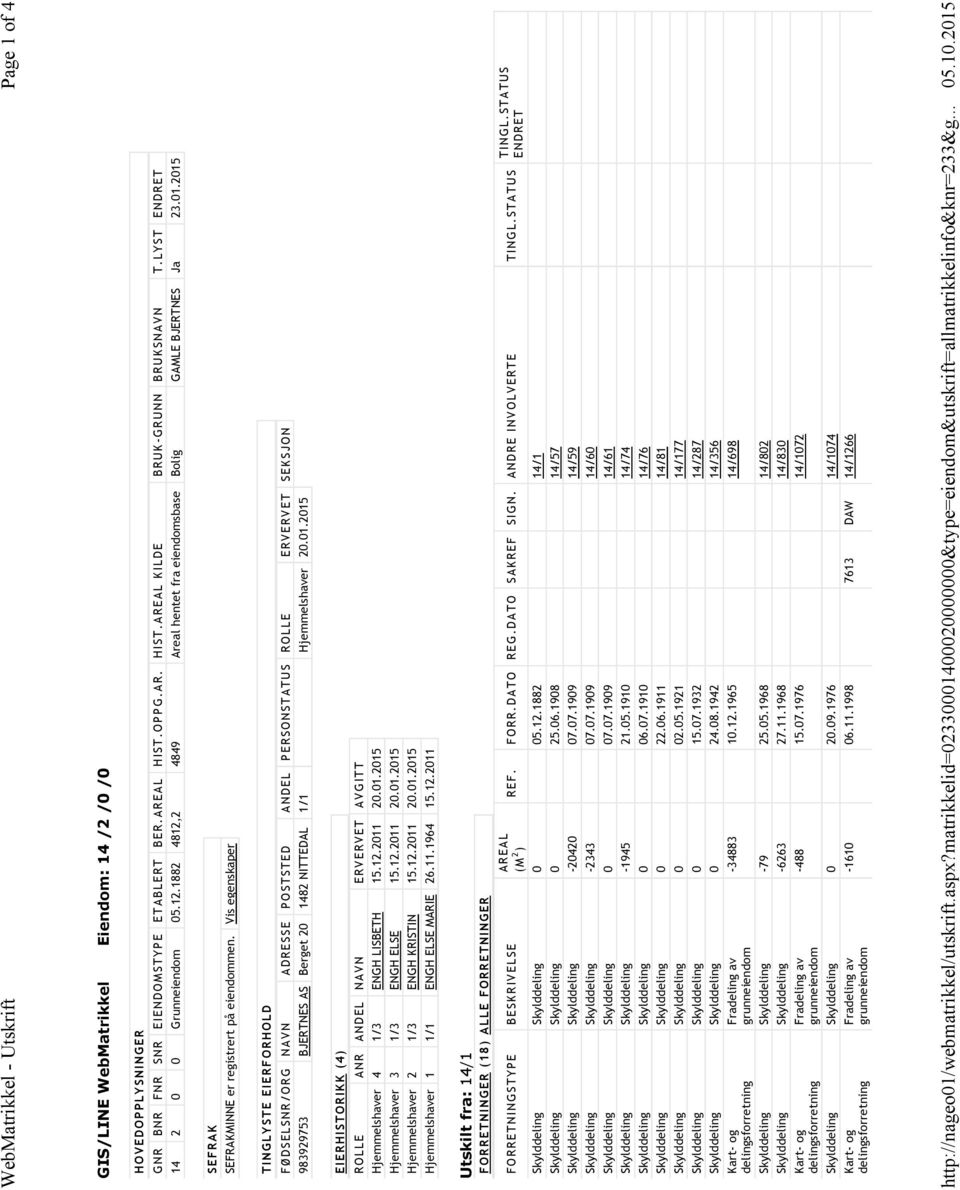 Vis egenskaper TINGLYSTE EIERFORHOLD FØDSELSNR/ORG NAVN ADRESSE POSTSTED ANDEL PERSONSTATUS ROLLE ERVERVET SEKSJON 983929753 BJERTNES AS Berget 20 1482 NITTEDAL 1/1 Hjemmelshaver 20.01.