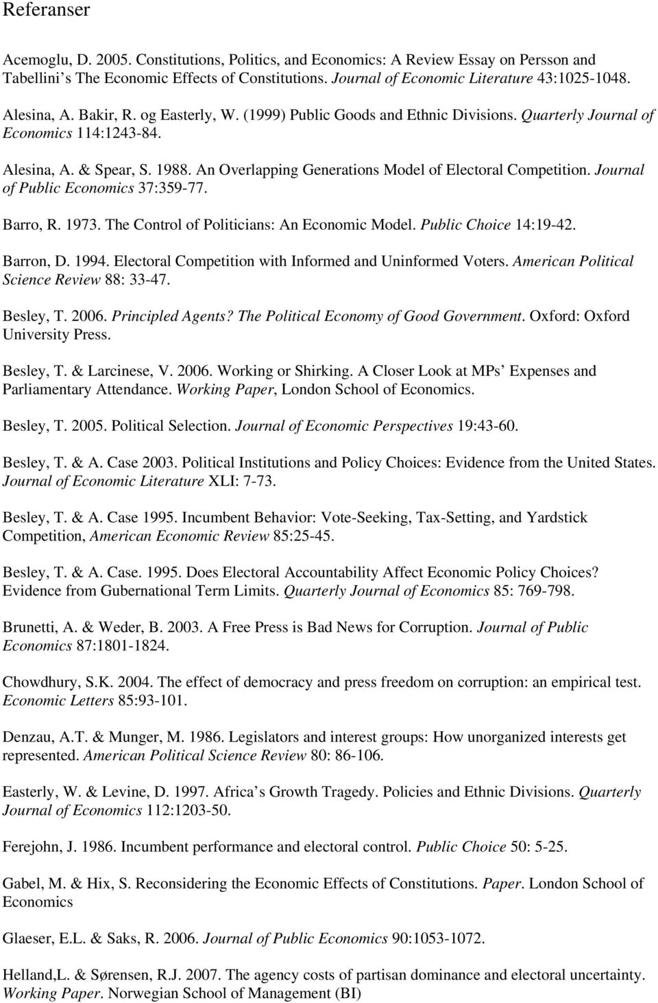 An Overlapping Generations Model of Electoral Competition. Journal of Public Economics 37:359-77. Barro, R. 1973. The Control of Politicians: An Economic Model. Public Choice 14:19-42. Barron, D.