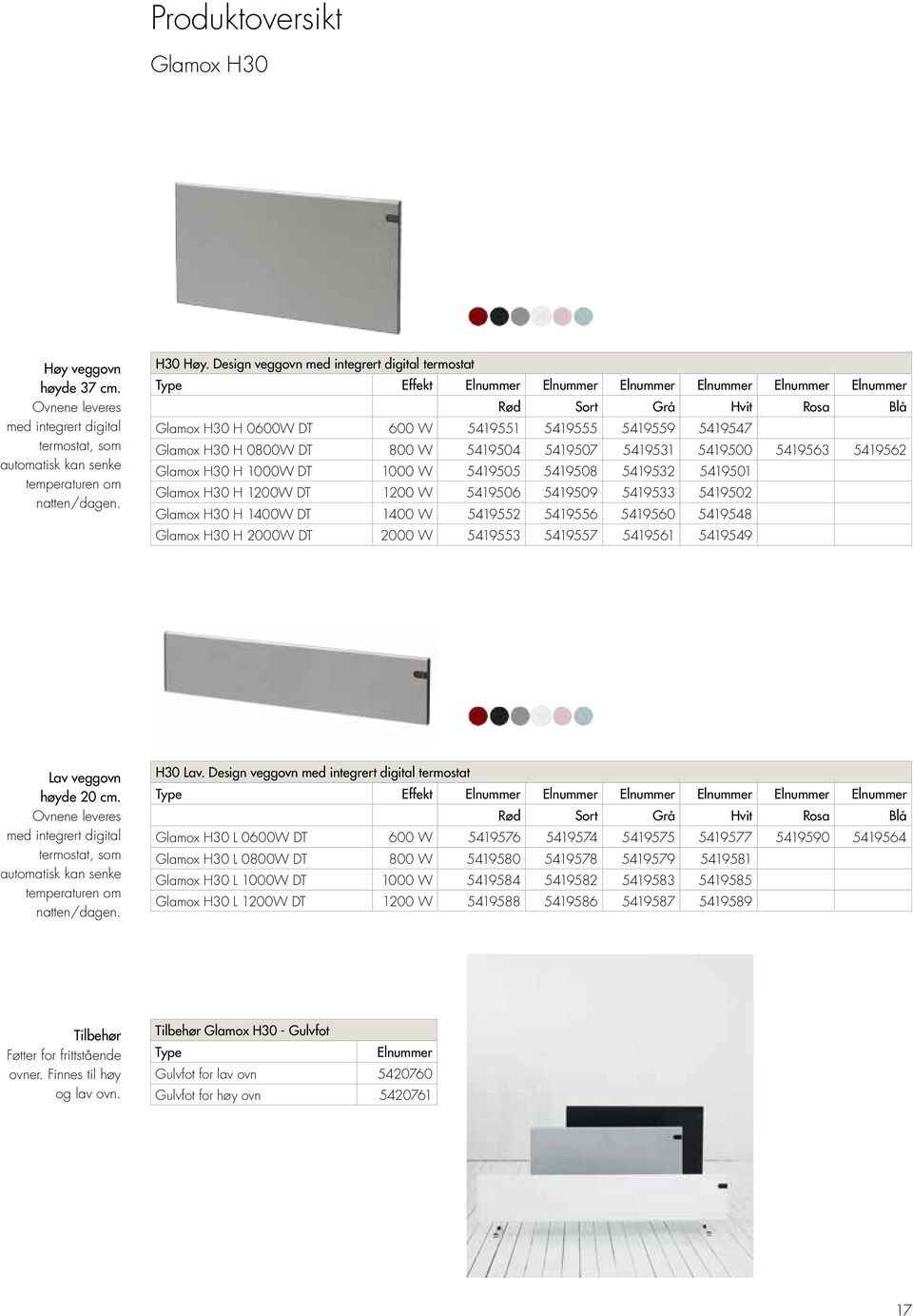 Design veggovn med integrert digital termostat Type Effekt Elnummer Elnummer Elnummer Elnummer Elnummer Elnummer Rød Sort Grå Hvit Rosa Blå Glamox H30 H 0600W DT 600 W 5419551 5419555 5419559 5419547