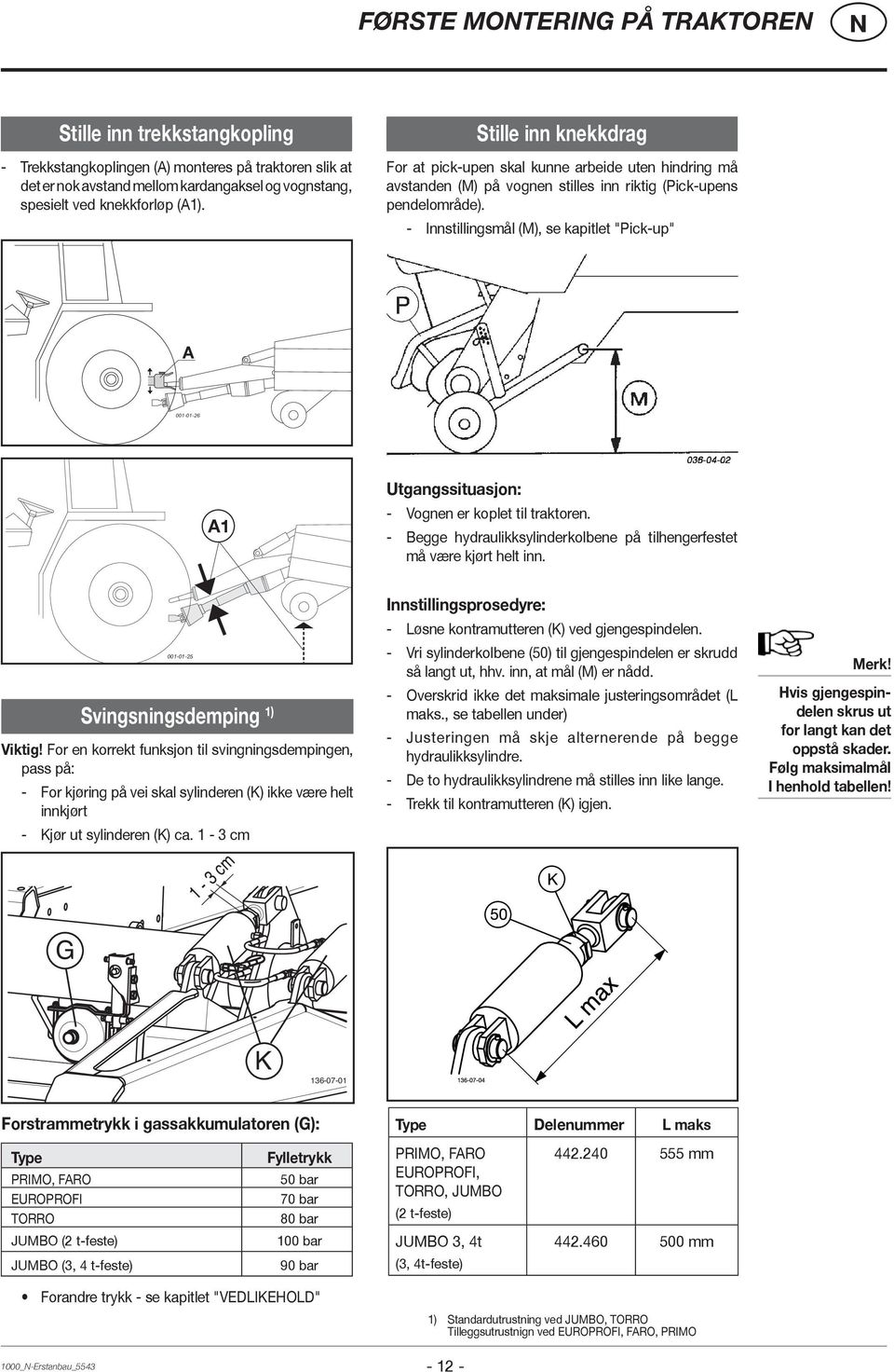 - Innstillingsmål (M), se kapitlet "Pick-up" A 001-01-26 A1 Utgangssituasjon: - Vognen er koplet til traktoren. - Begge hydraulikksylinderkolbene på tilhengerfestet må være kjørt helt inn.