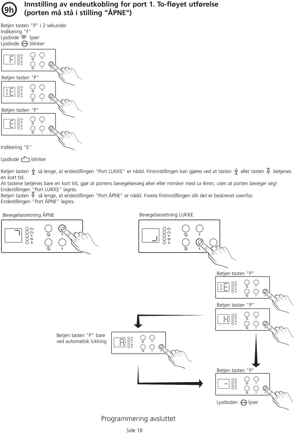 "Port LUKKE" er nådd. Fininnstillingen kan gjøres ved at tasten eller tasten betjenes en kort tid.