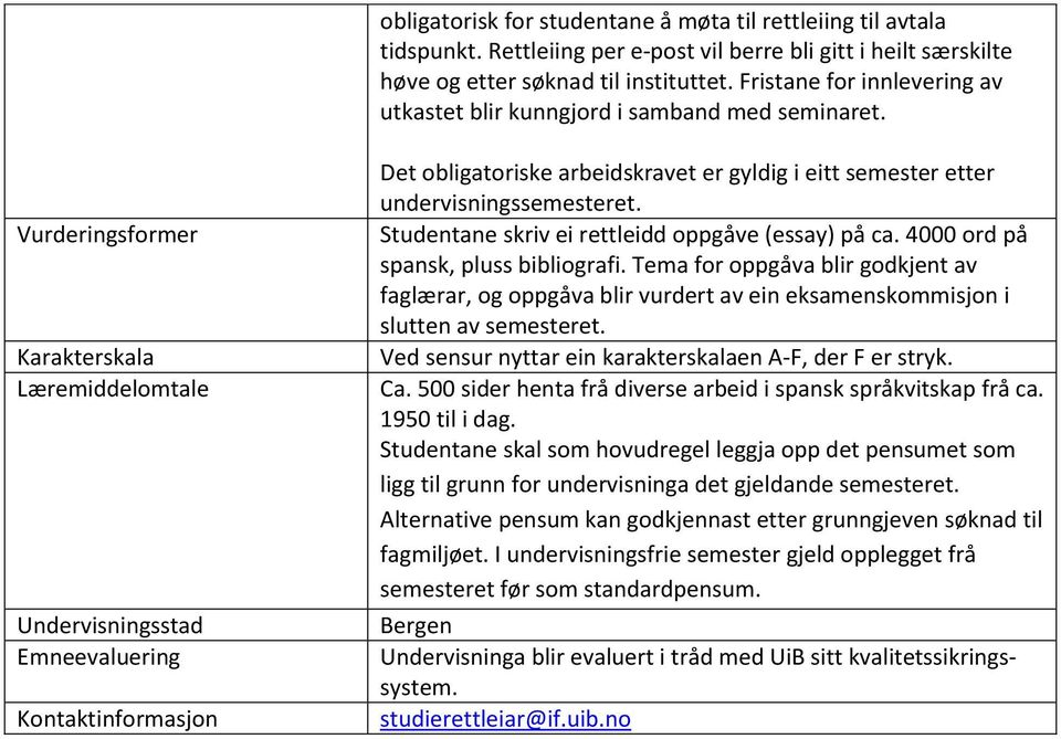 Vurderingsformer Karakterskala Læremiddelomtale Undervisningsstad Emneevaluering Kontaktinformasjon Det obligatoriske arbeidskravet er gyldig i eitt semester etter undervisningssemesteret.