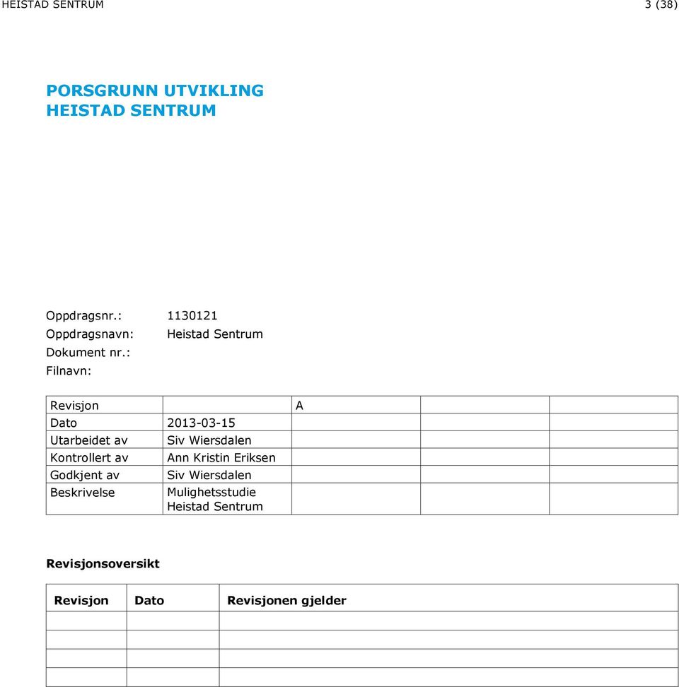 : Filnavn: Revisjon A Dato 2013-03-15 Utarbeidet av Siv Wiersdalen Kontrollert av Ann