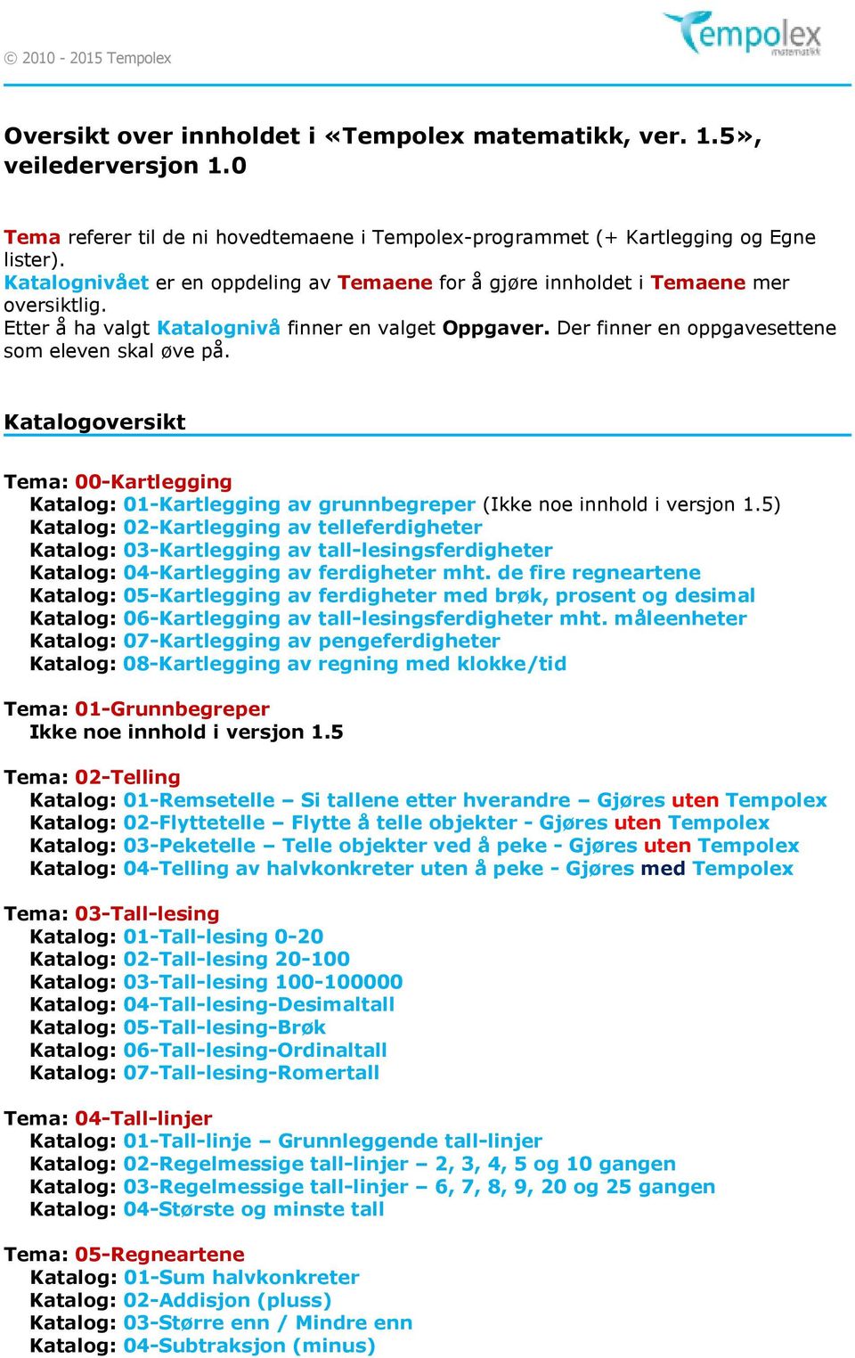 Katalogoversikt Tema: 00-Kartlegging Katalog: 01-Kartlegging av grunnbegreper (Ikke noe innhold i versjon 1.