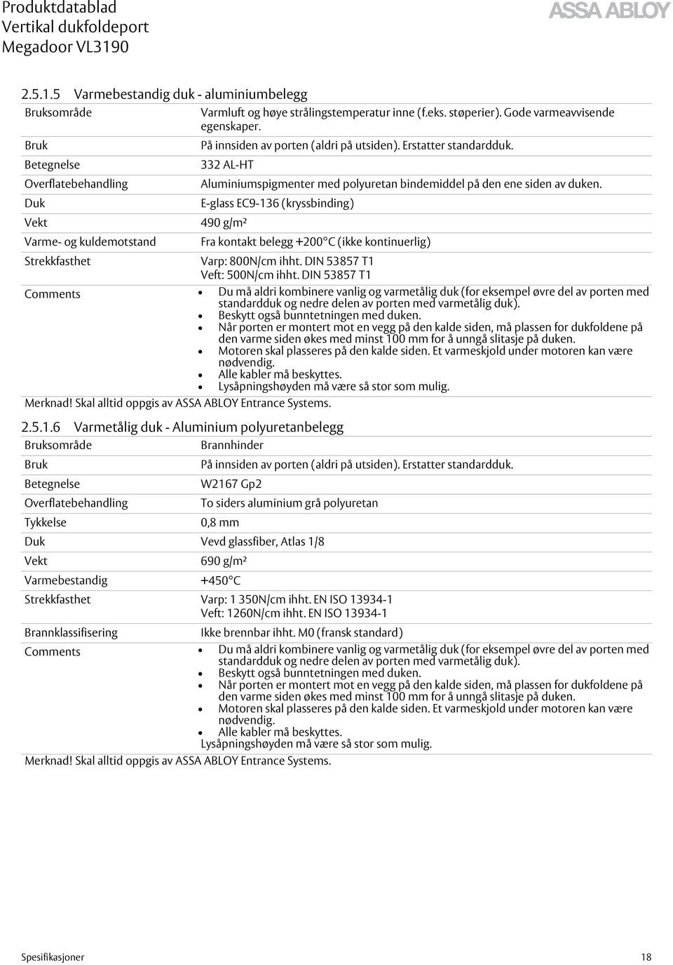 Duk E-glass EC9-136 (kryssbinding) Vekt 490 g/m² Varme- og kuldemotstand Fra kontakt belegg +200 C (ikke kontinuerlig) Strekkfasthet Varp: 800N/cm ihht. DIN 53857 T1 Veft: 500N/cm ihht.