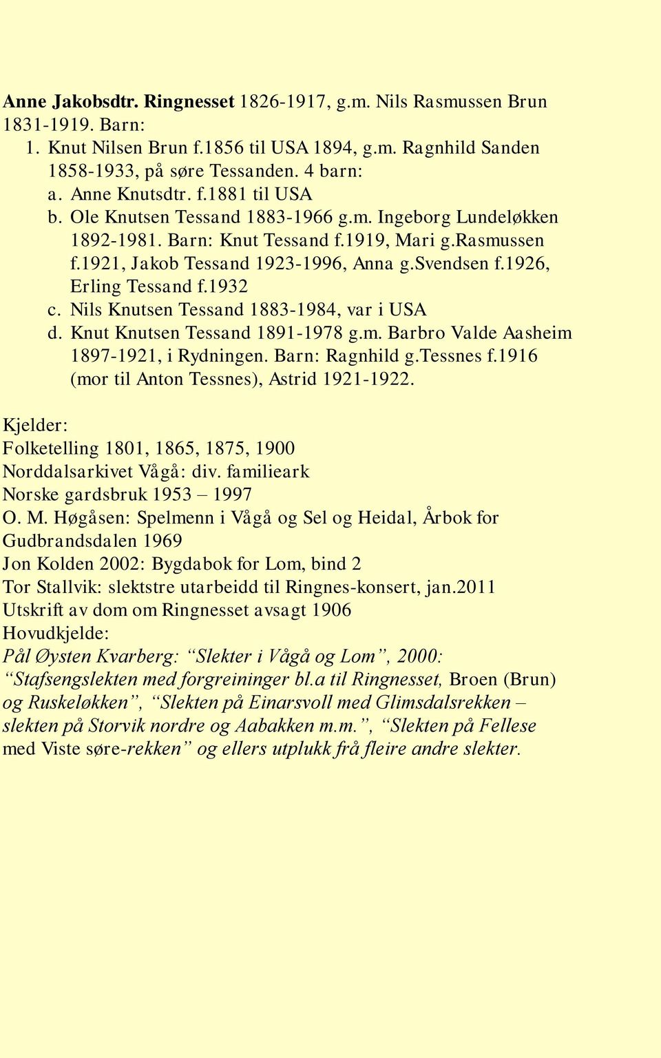 Nils Knutsen Tessand 1883-1984, var i USA d. Knut Knutsen Tessand 1891-1978 g.m. Barbro Valde Aasheim 1897-1921, i Rydningen. Barn: Ragnhild g.tessnes f.1916 (mor til Anton Tessnes), Astrid 1921-1922.