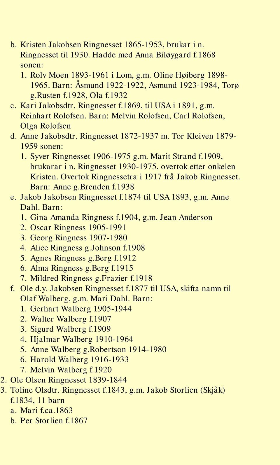 Barn: Melvin Rolofsen, Carl Rolofsen, Olga Rolofsen d. Anne Jakobsdtr. Ringnesset 1872-1937 m. Tor Kleiven 1879-1959 sonen: 1. Syver Ringnesset 1906-1975 g.m. Marit Strand f.1909, brukarar i n.