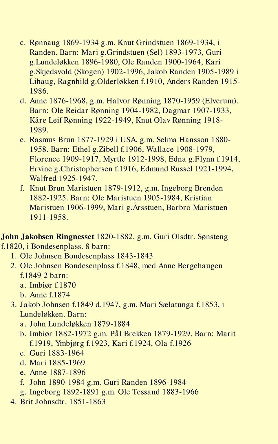 Barn: Ole Reidar Rønning 1904-1982, Dagmar 1907-1933, Kåre Leif Rønning 1922-1949, Knut Olav Rønning 1918-1989. e. Rasmus Brun 1877-1929 i USA, g.m. Selma Hansson 1880-1958. Barn: Ethel g.zibell f.