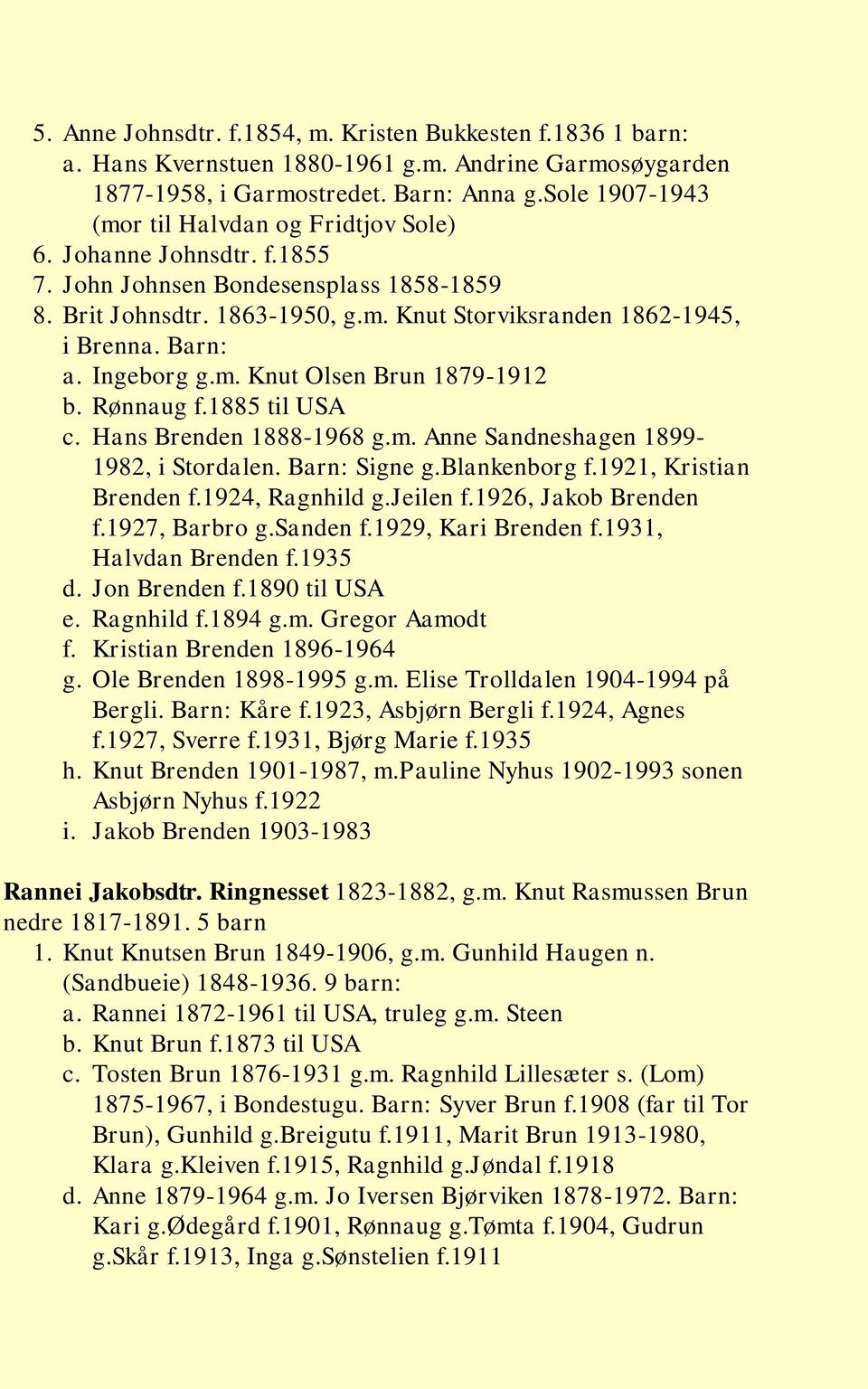 Barn: a. Ingeborg g.m. Knut Olsen Brun 1879-1912 b. Rønnaug f.1885 til USA c. Hans Brenden 1888-1968 g.m. Anne Sandneshagen 1899-1982, i Stordalen. Barn: Signe g.blankenborg f.